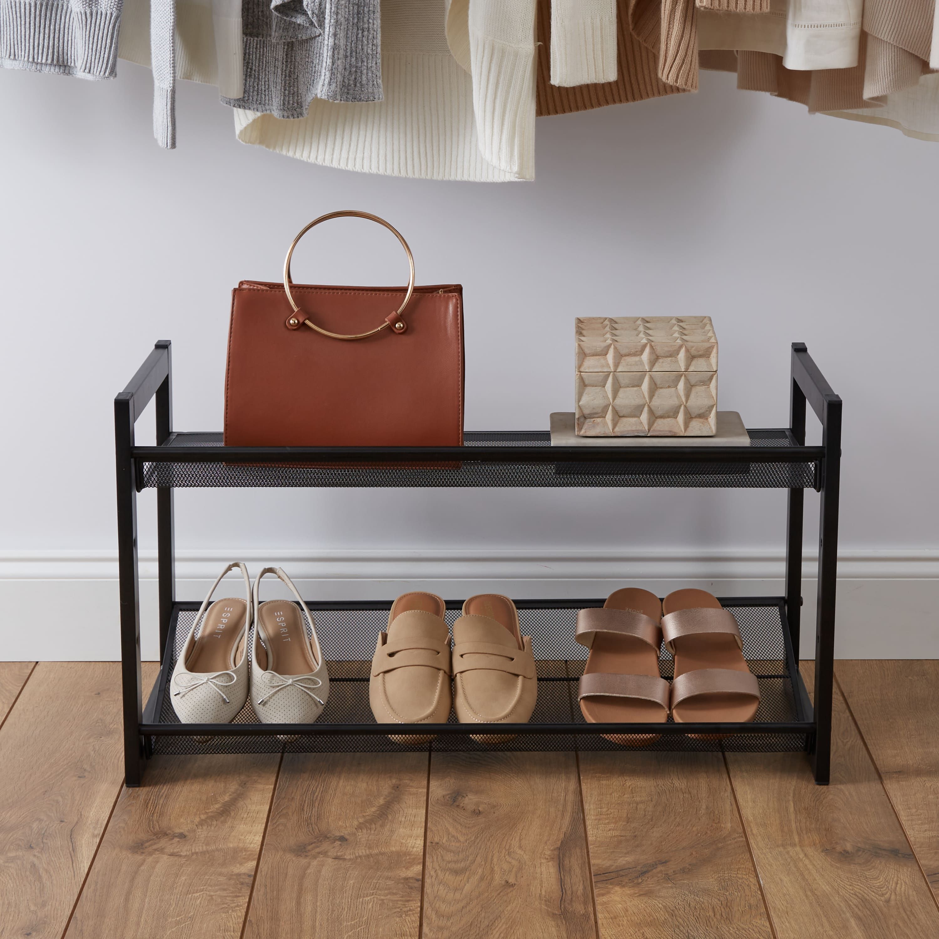 Organize It All 30" Black 2 Tier Adjustable Mesh Shoe Rack