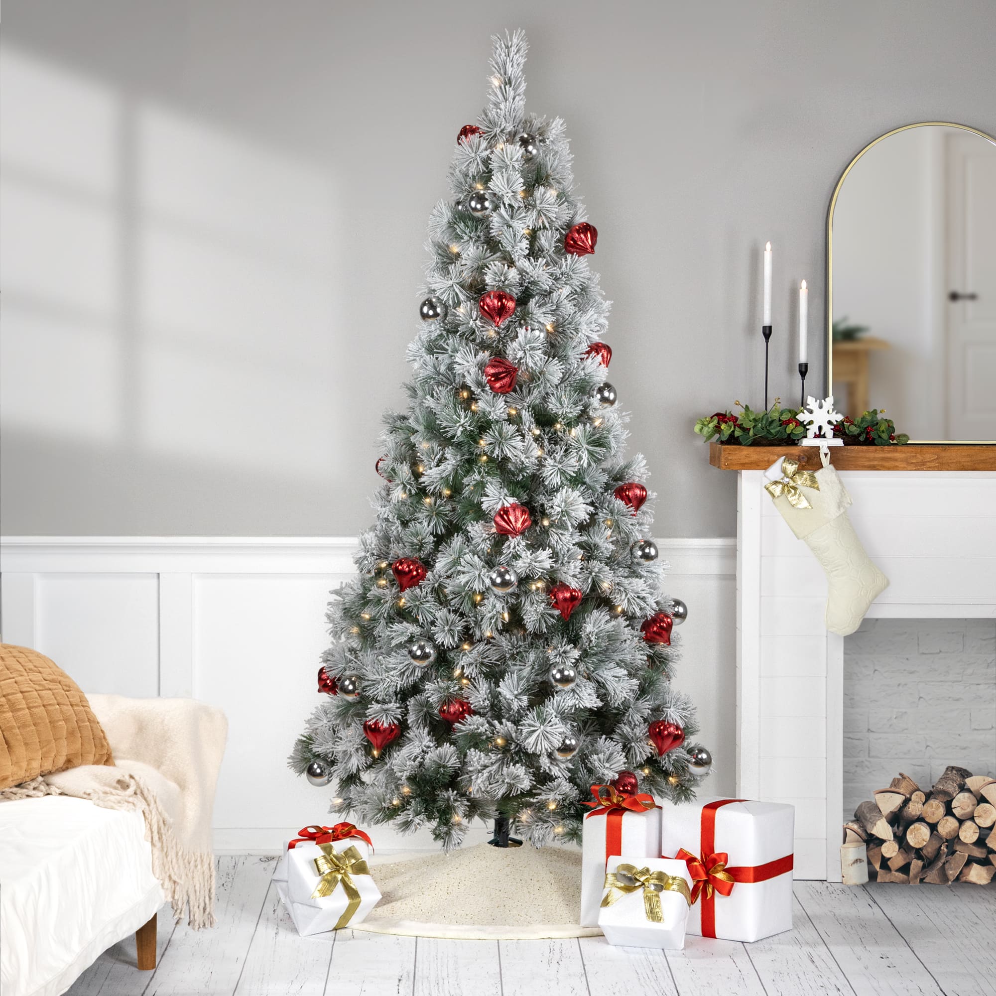 6ft. Pre-Lit Snowy Bristle Pine with Ornaments Artificial Christmas Tree, Clear Lights