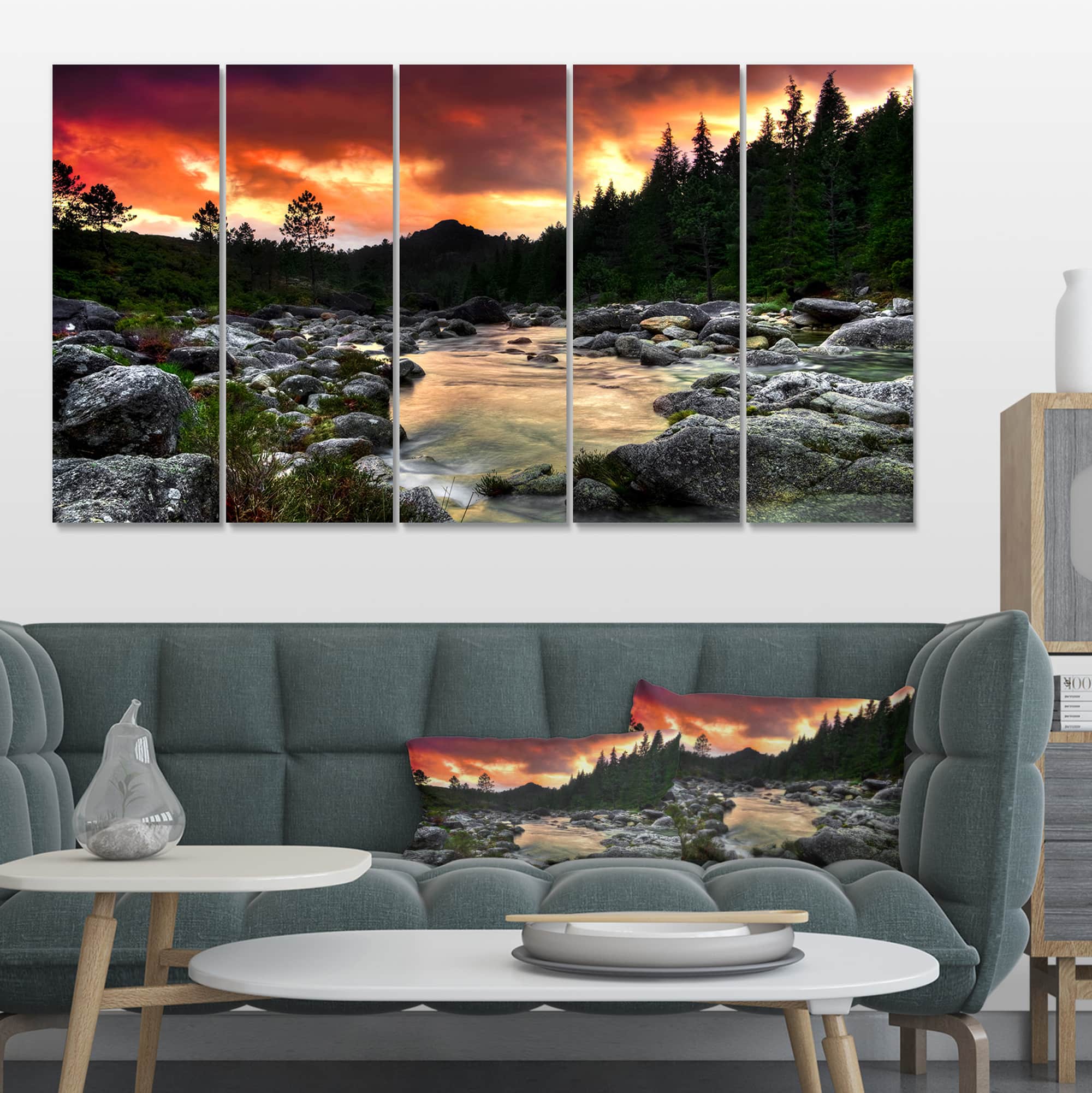 Designart - Rocky Mountain River at Sunset - Extra Large Wall Art Landscape