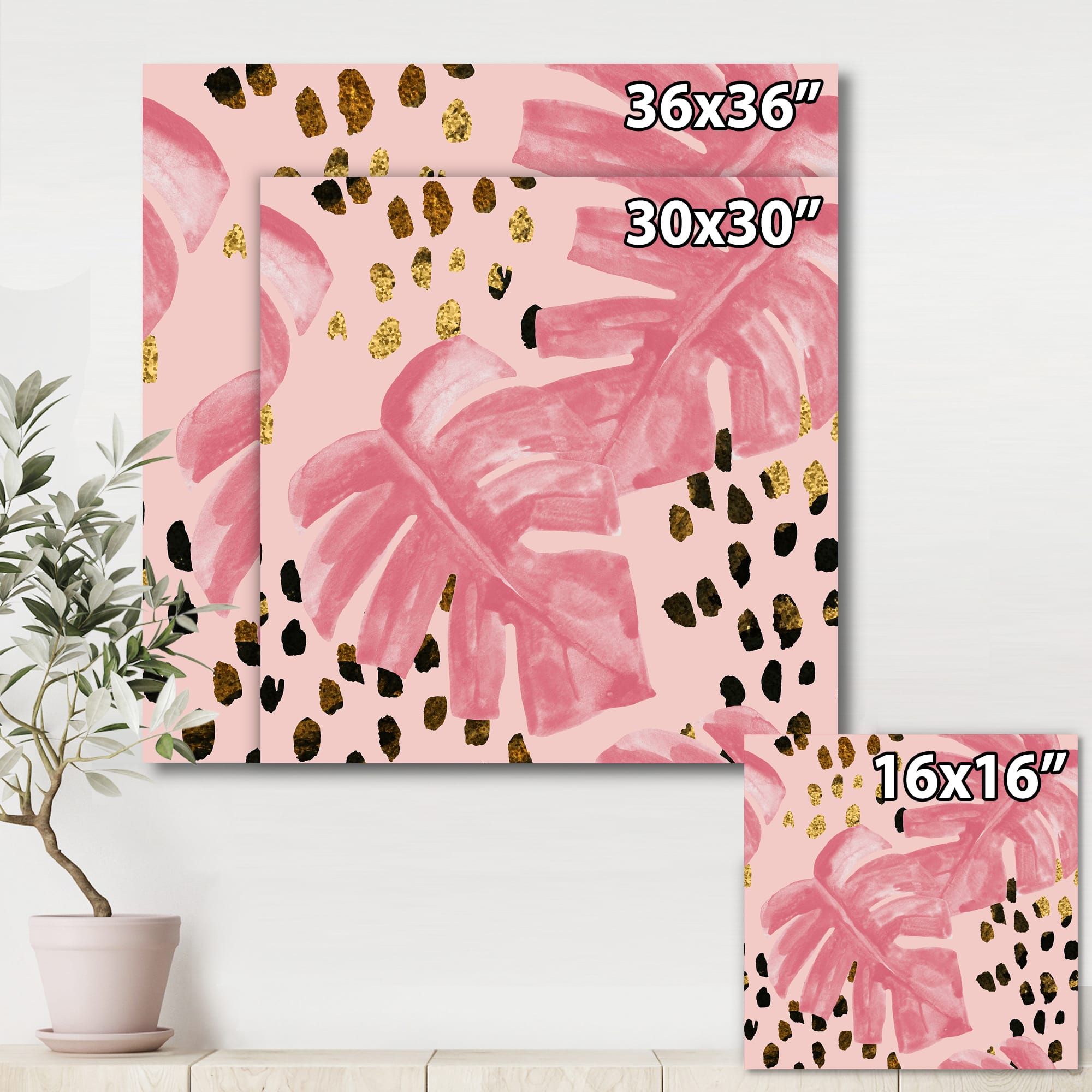 Designart - Pink Colored Monstera On Rough Brush Strokes I - Tropical Canvas Wall Art Print