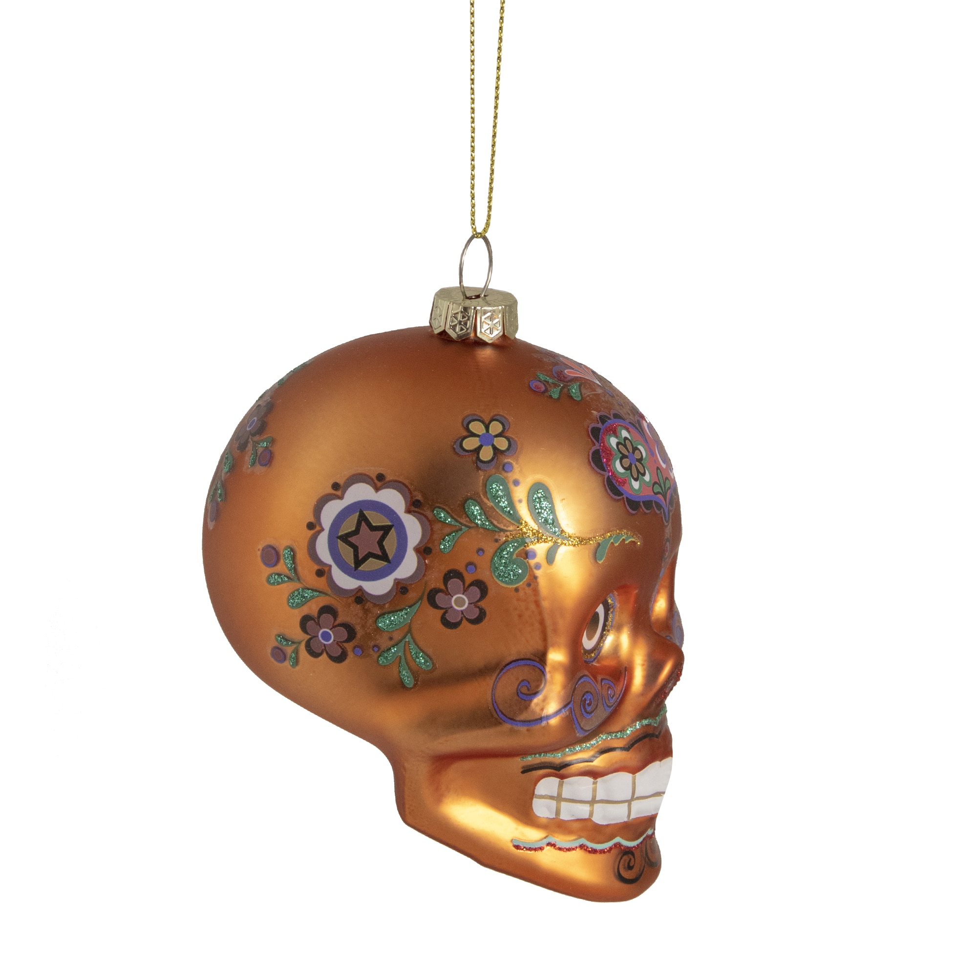 Orange Day of the Dead Glass Skull Halloween Ornament