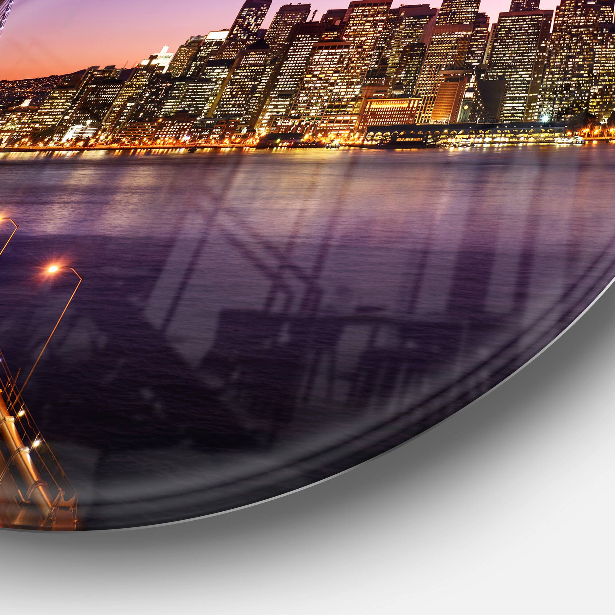 Designart - San Francisco skyline and Bay Bridge' Ultra Glossy Sea Bridge Metal Circle Wall Art