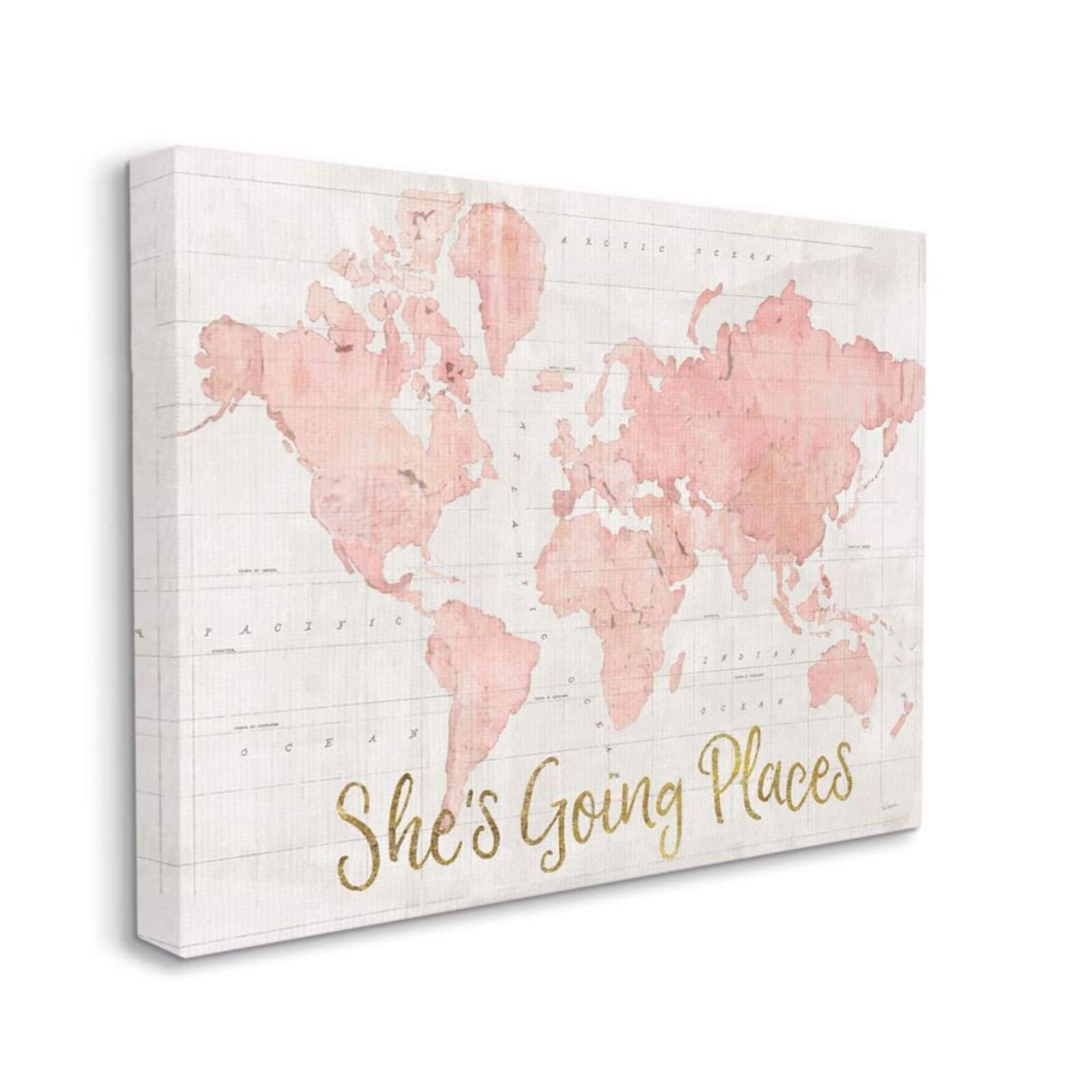Stupell Industries She&#x27;s Going Places Pink Watercolor World Map Canvas Wall Art