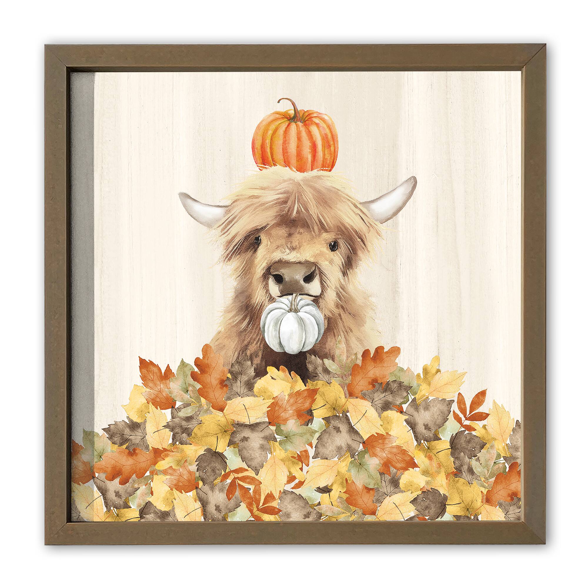 Autumn Cow Leaf Pile 16&#x22; x 16&#x22; Brown Framed Print