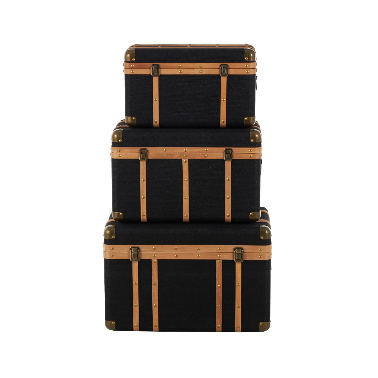Black Fabric Decorative Trunk Set with Brass Metal Latches
