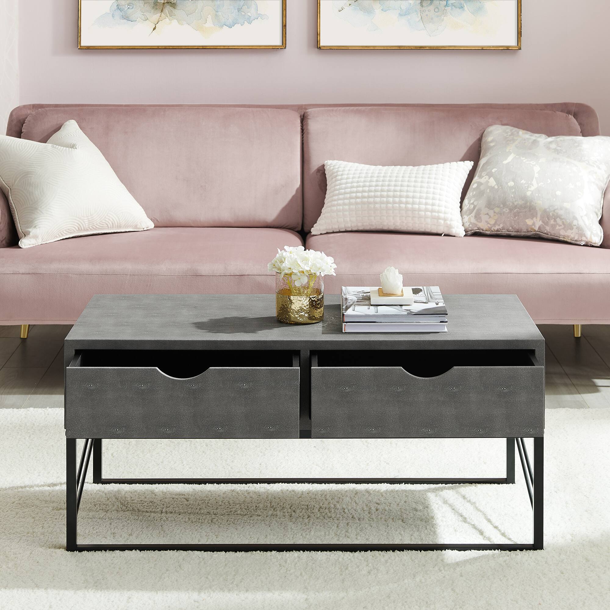 Gray 2-Drawer Faux Shagreen Coffee Table