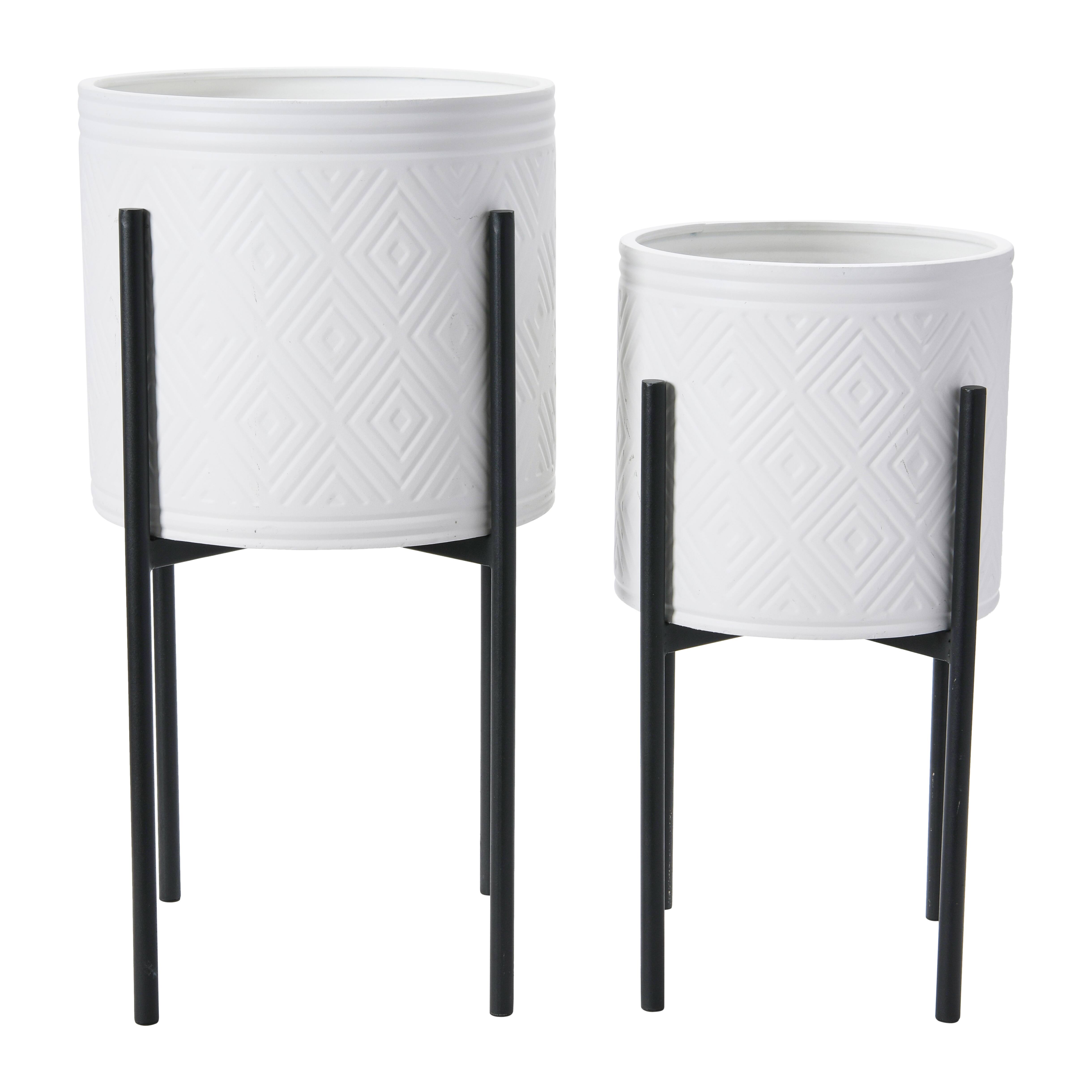 Hello Honey® White & Black Boho Embossed Metal Planters with Stands Set