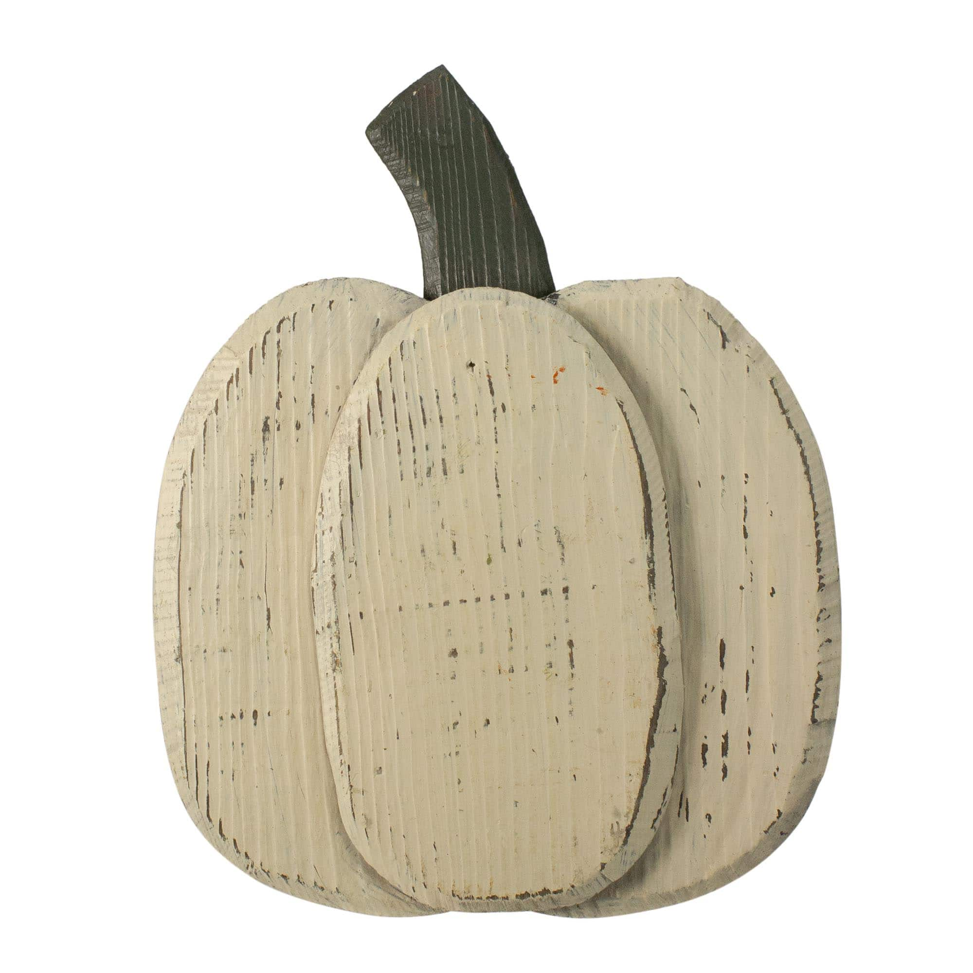 10.5&#x22; Small White Wooden Fall Harvest Pumpkin with Stem