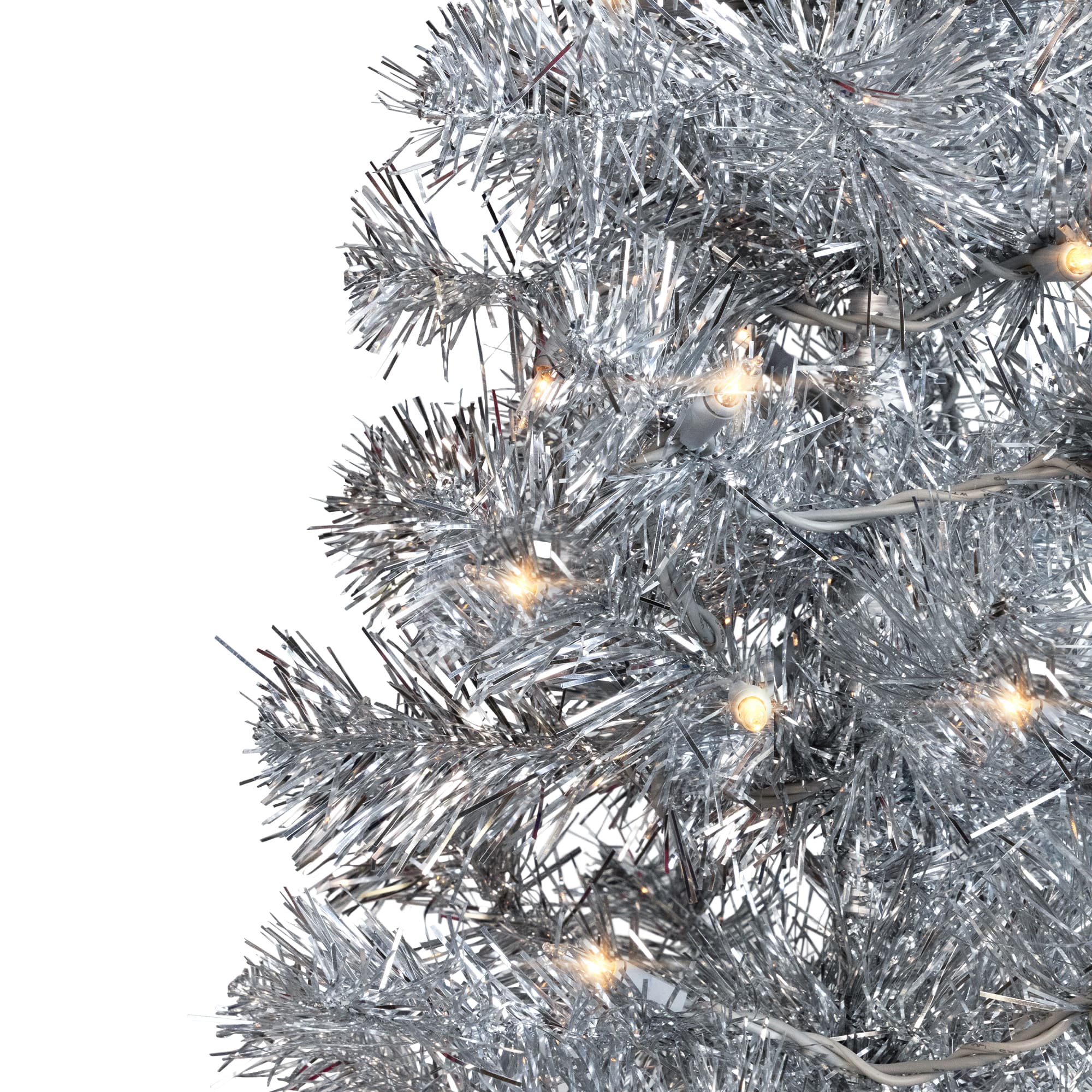 9ft. Pre-Lit Silver Tinsel Artificial Christmas Tree, Clear Lights