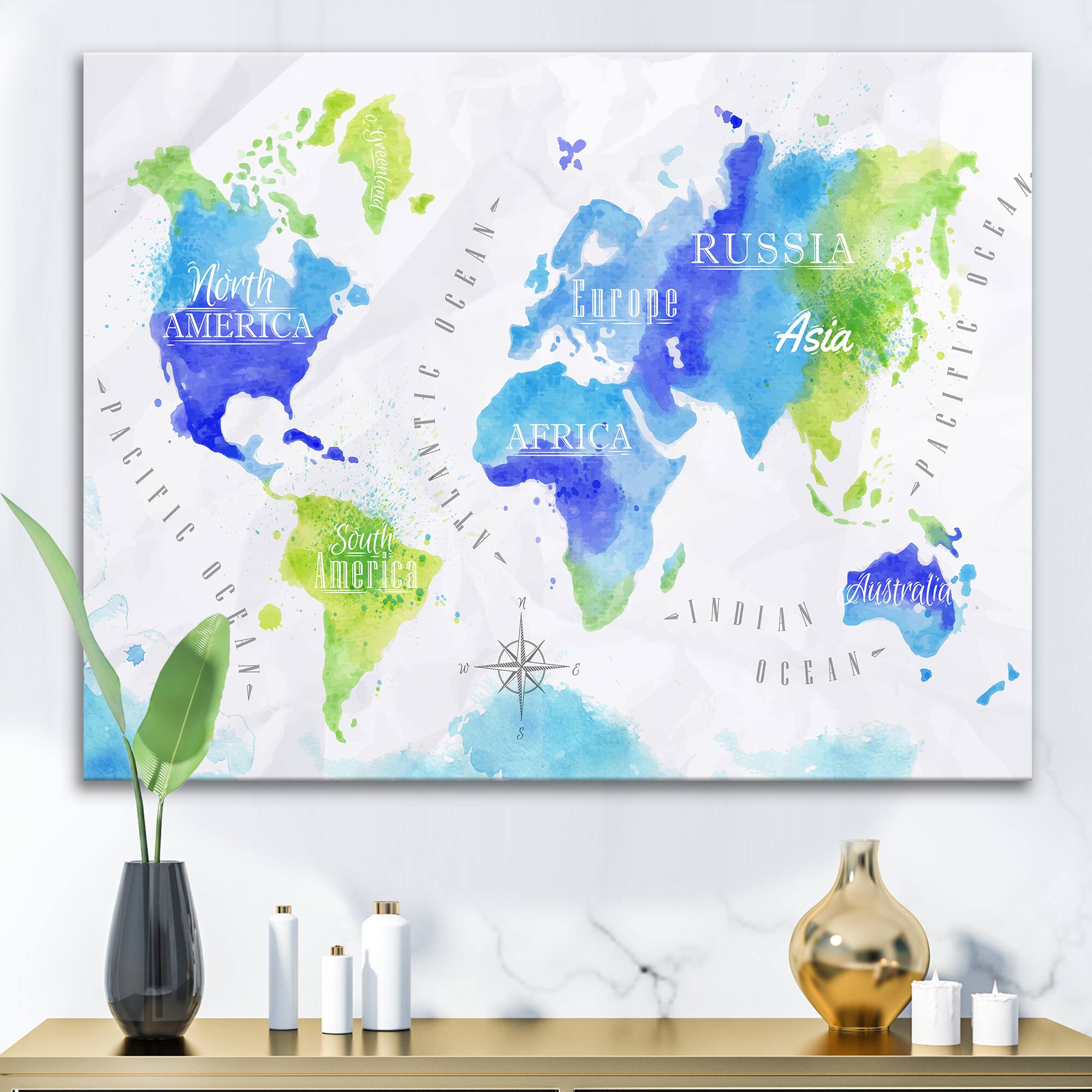 Designart - World Map In Green and Blue - Modern Canvas Wall Art Print
