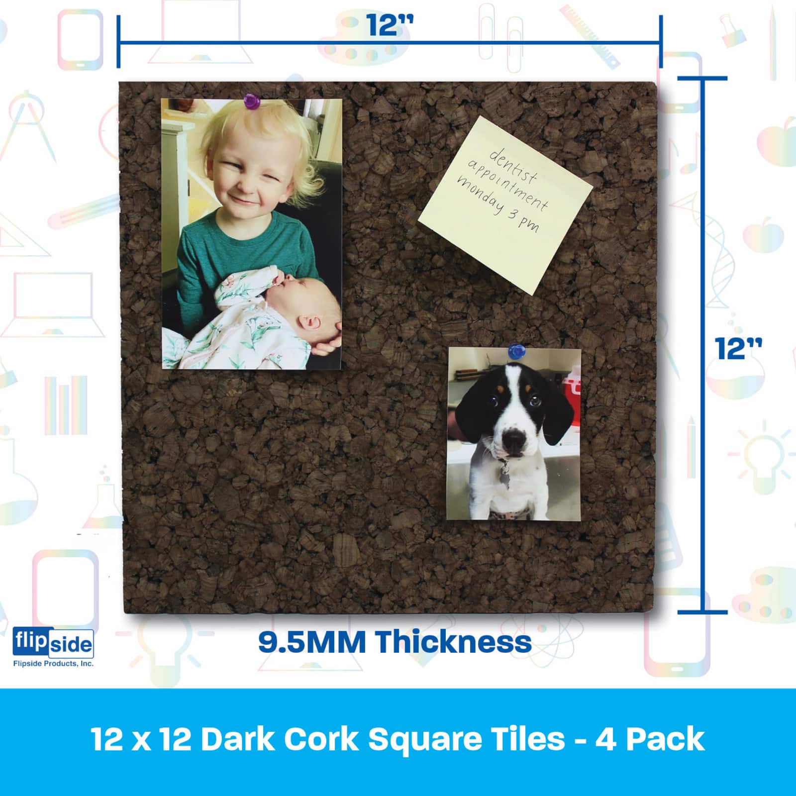 Flipside Dark Cork Tiles 12" x 12" Pack of 4 