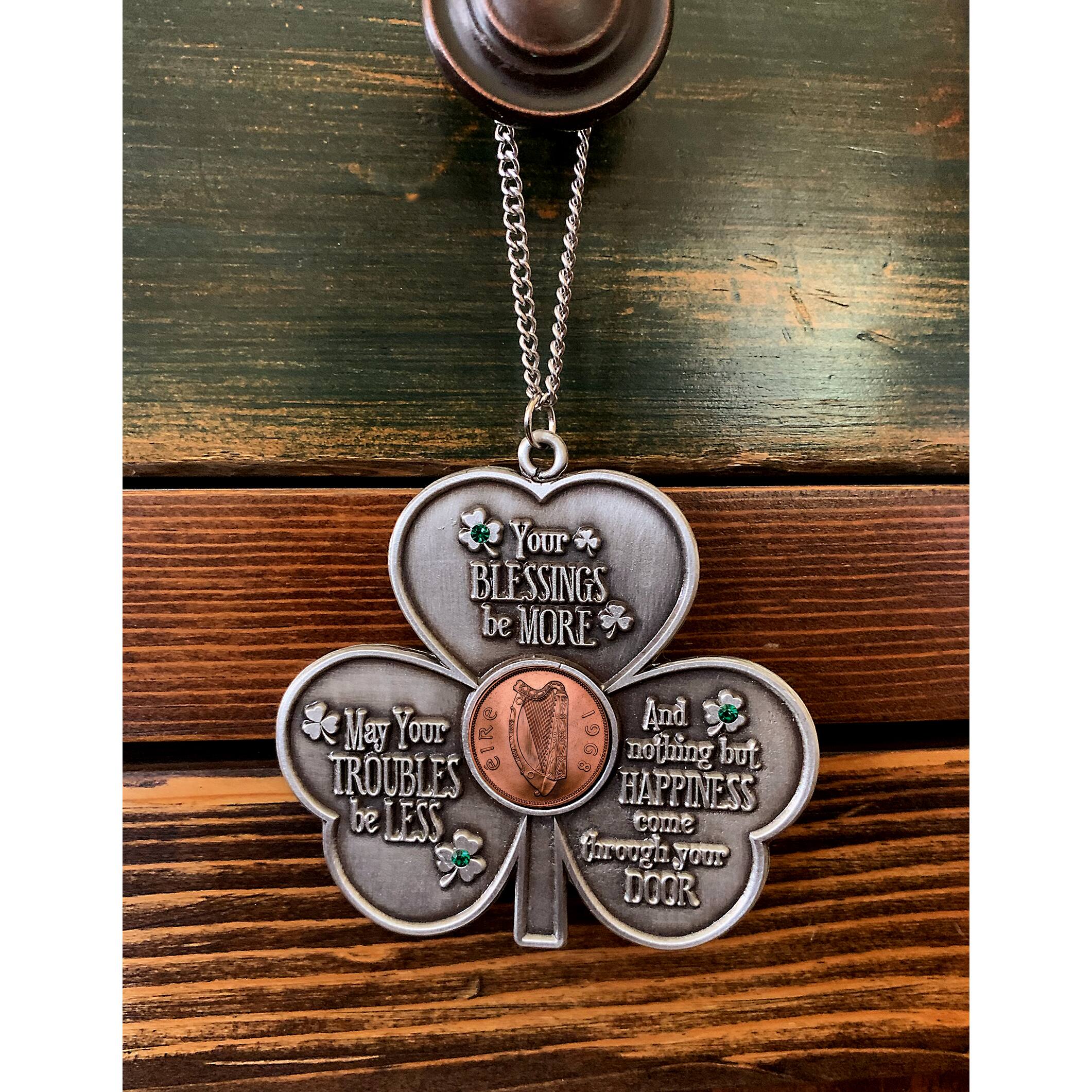 Shamrock Irish Penny House Blessing With Emerald Green Glass Stones