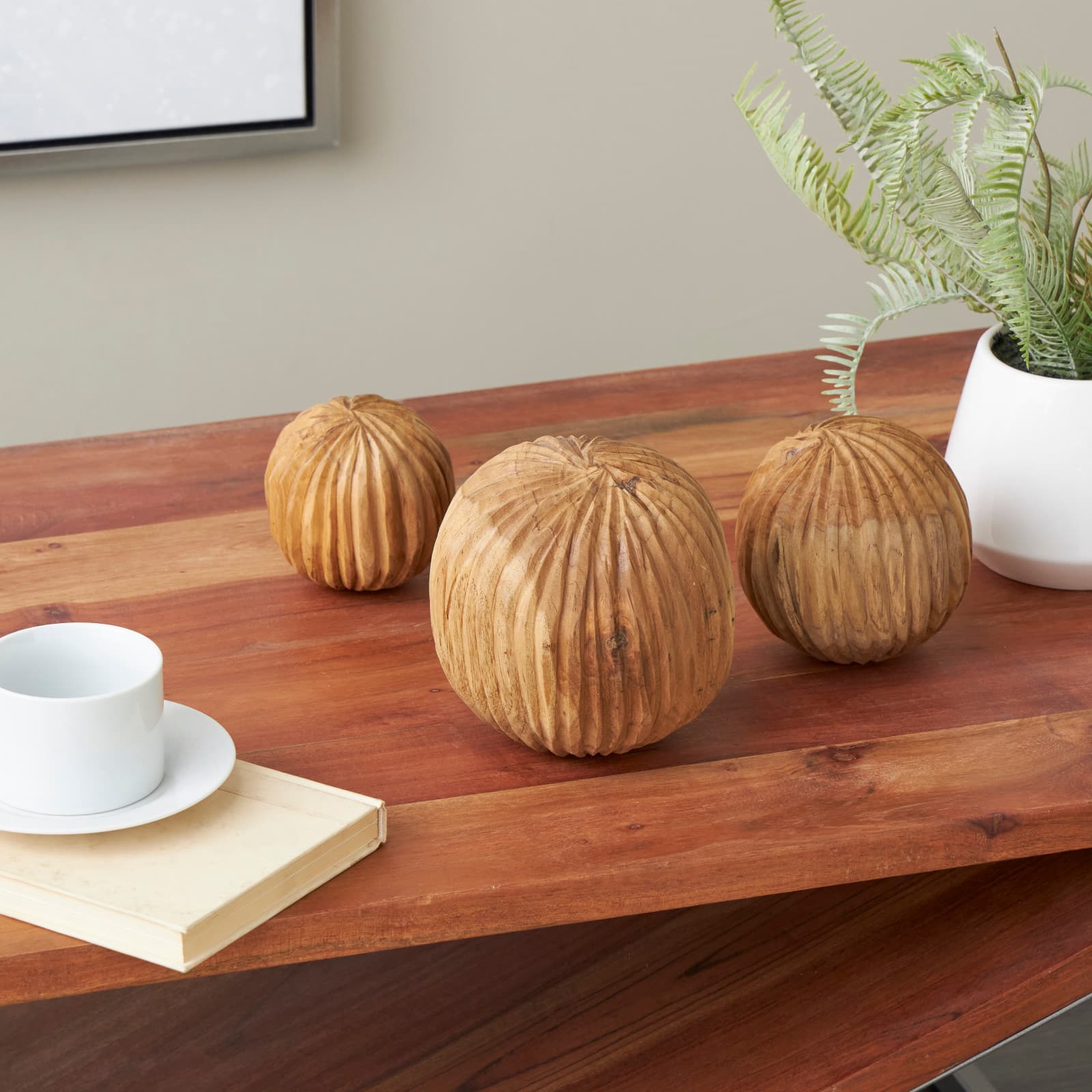Brown Teak Wood Carved Textured Orbs Set