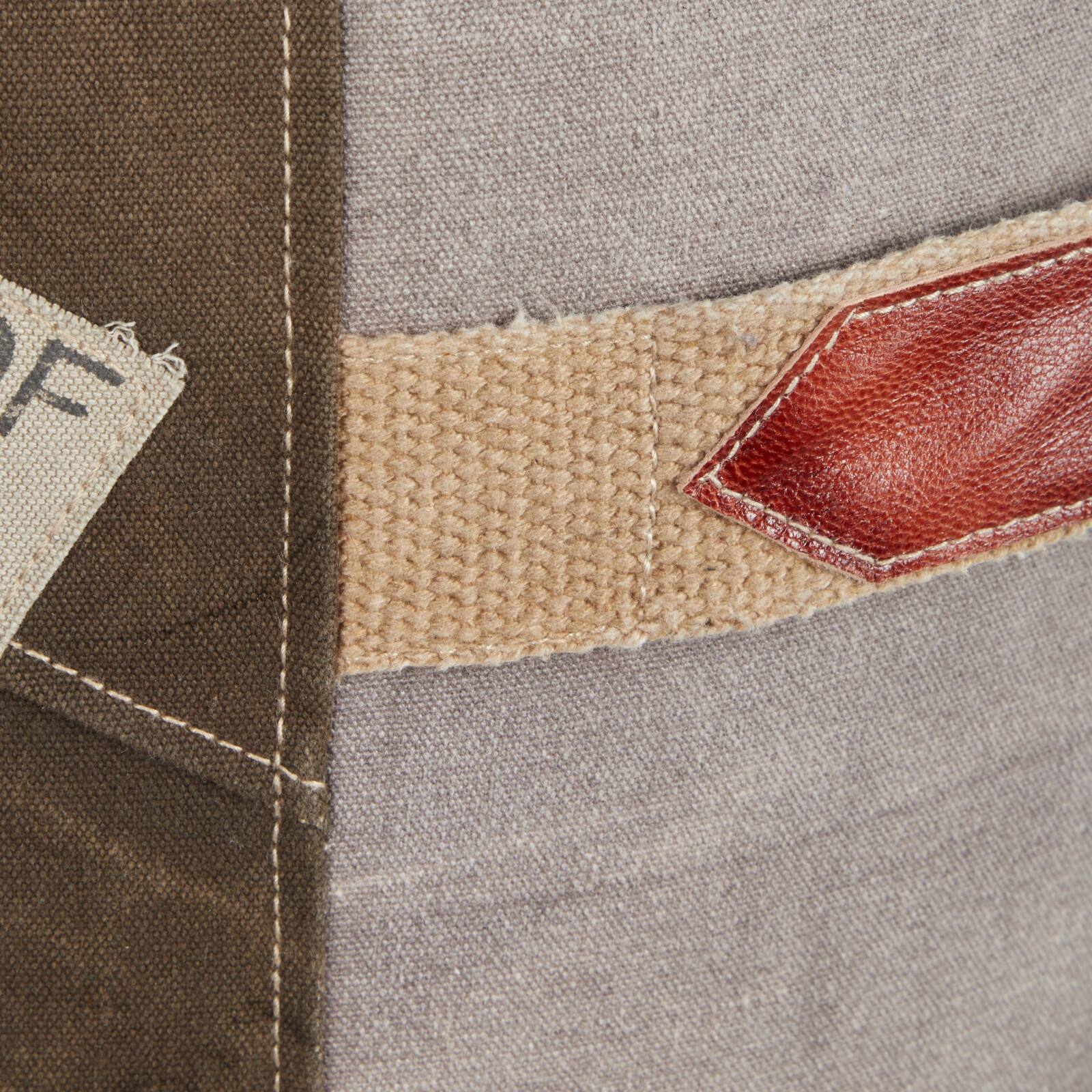 Brown Canvas and Leather Rustic Pouf, 19" x 17" x 17"