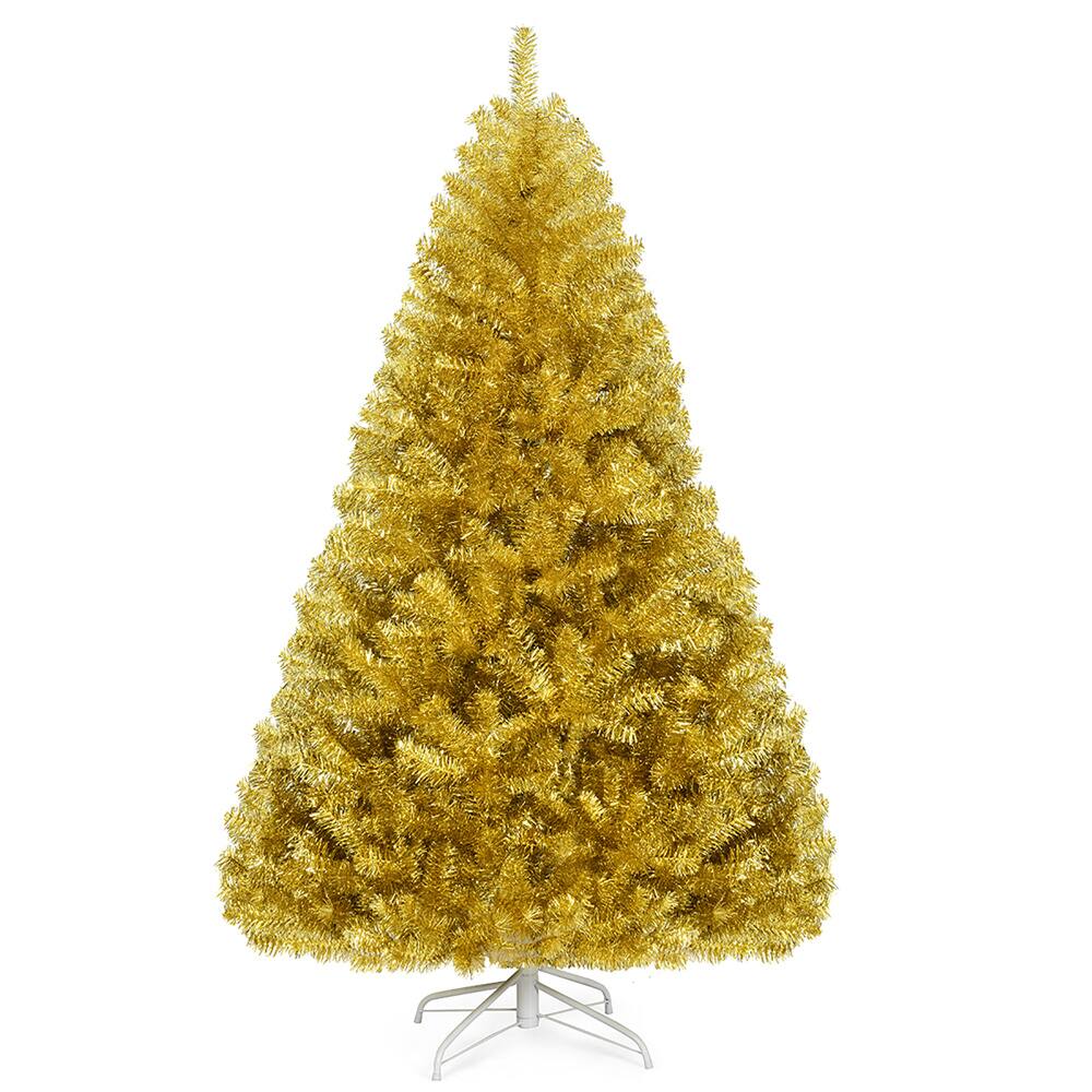 Costway 6ft. Unlit Champagne Gold Artificial Tinsel Christmas Tree with Foldable Stand