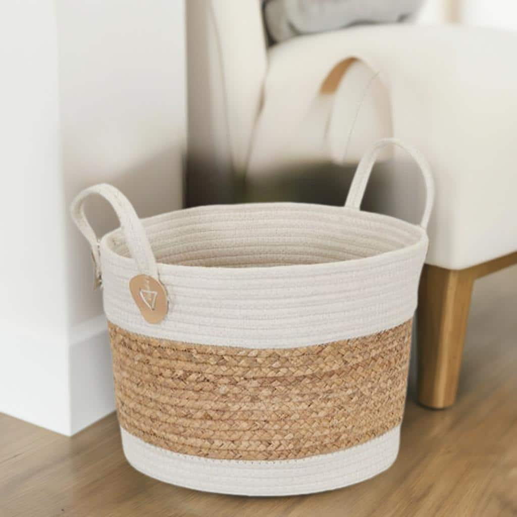 Household Essentials 9.5&#x22; White &#x26; Natural Corn &#x26; Hyacinth Wicker Basket