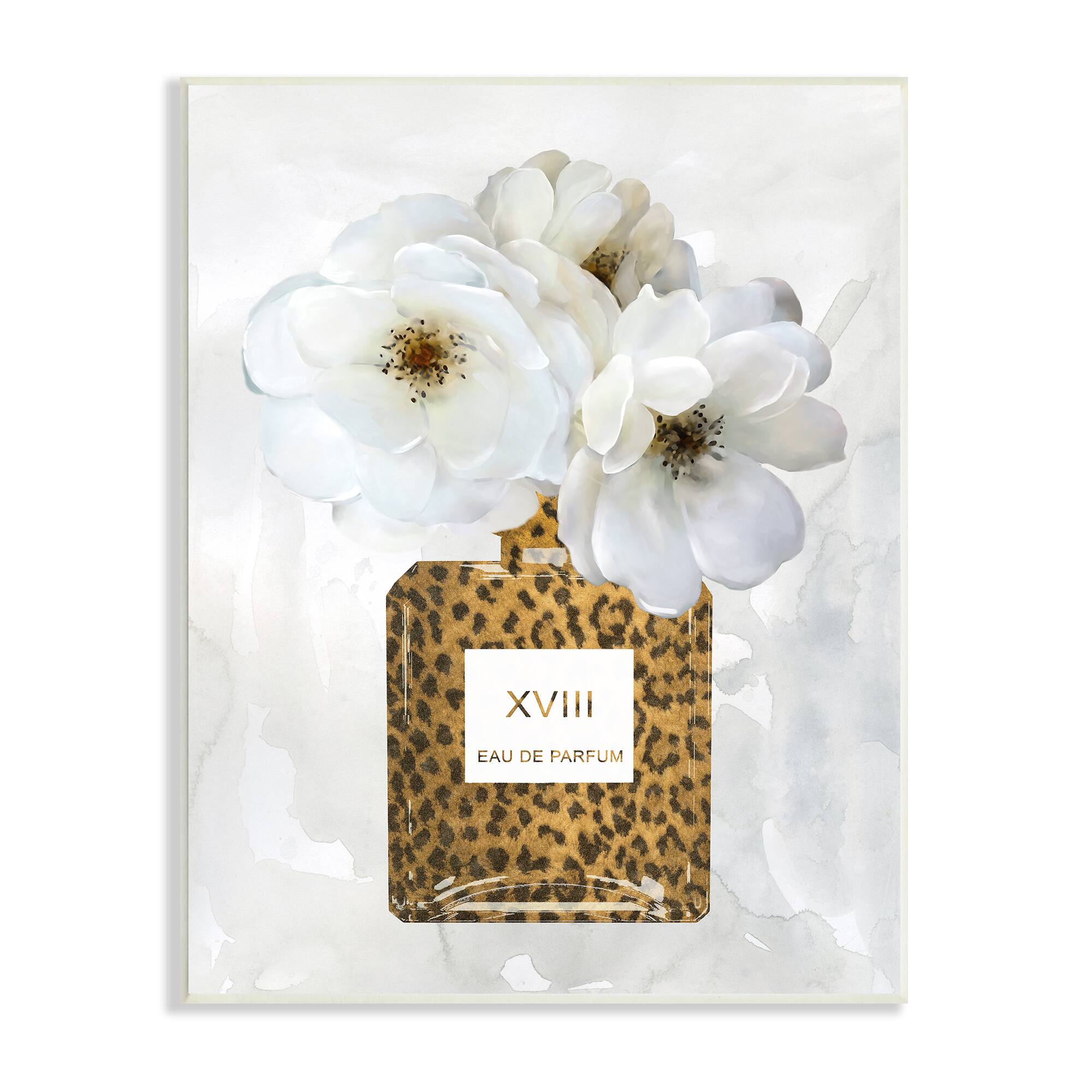 Stupell Industries Leopard Print Perfume Bottle Glam White Spring Florals Wall Plaque