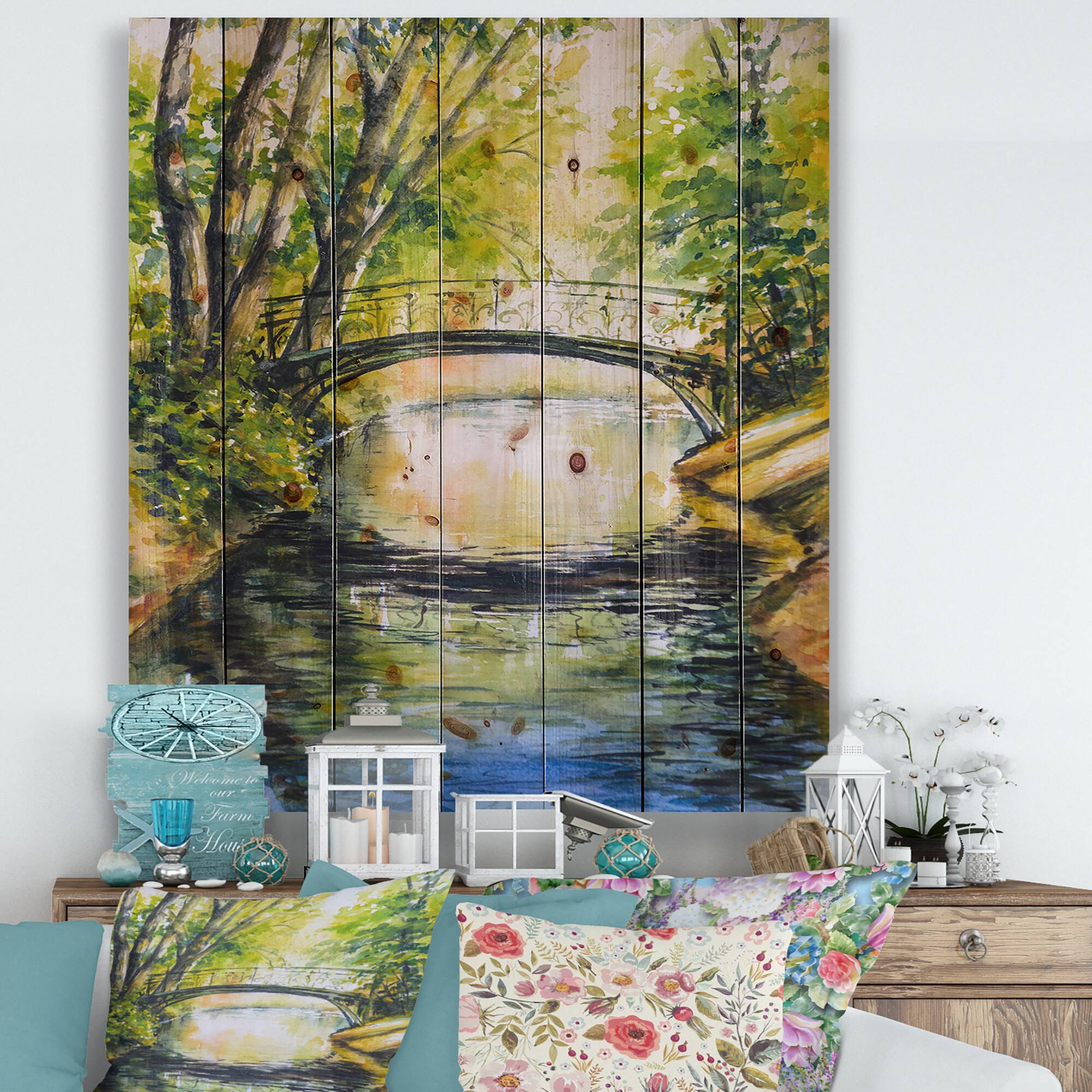 Designart - Bridge Over Troubled Water In Forest Park - Lake House Print on Natural Pine Wood