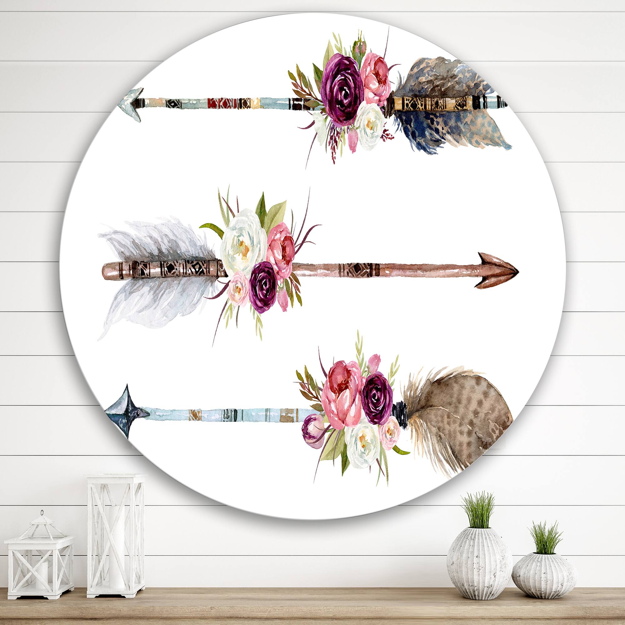 Designart - Ethnic Feathers and Flowers On Native Arrows III - Bohemian &#x26; Eclectic Metal Circle Wall Art