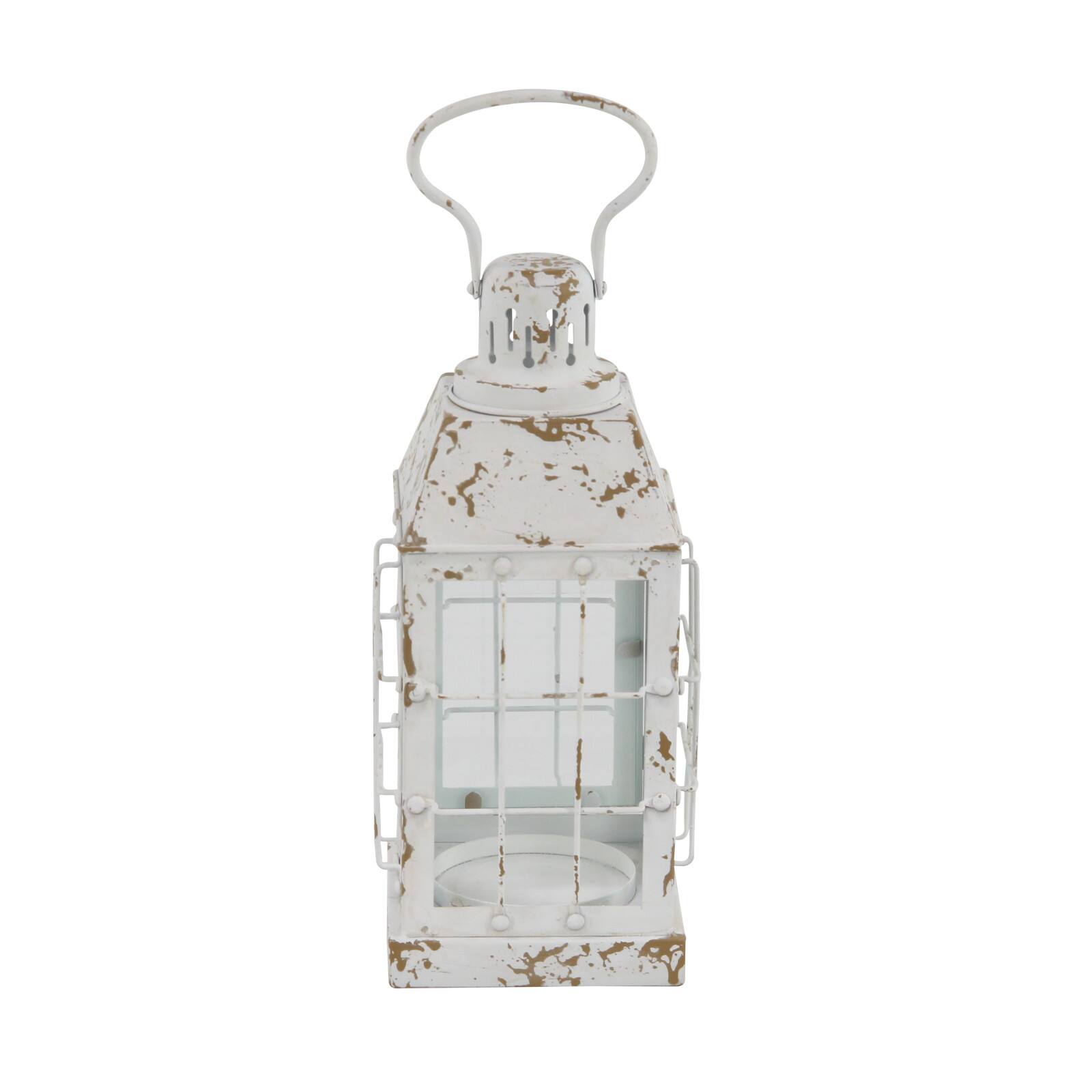 White Iron Vintage Candle Holder Lantern, 14" x 7" x 7"
