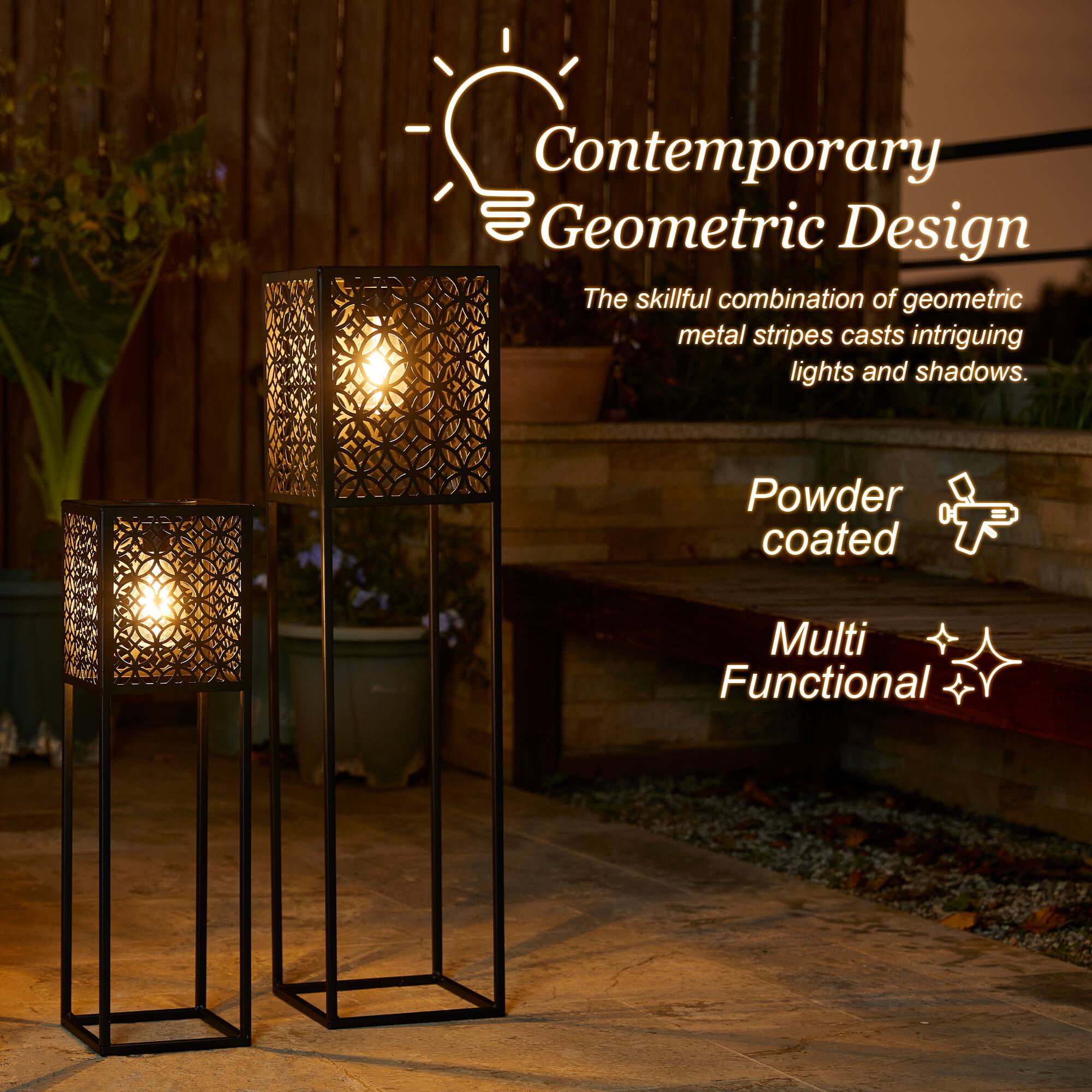 Glitzhome&#xAE; Black Metal Cutout Pattern Solar Powered Outdoor Floor Lanterns Set
