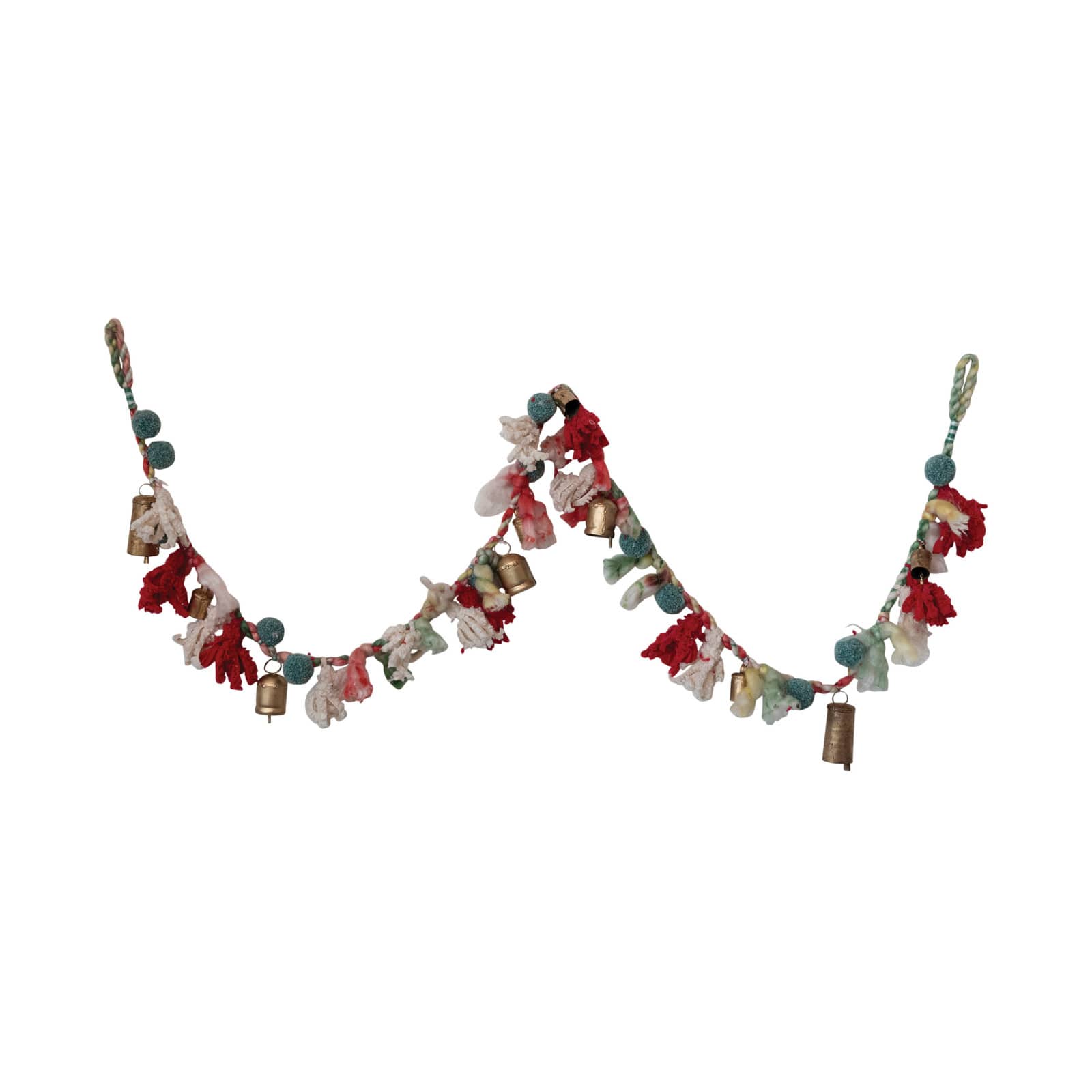 Hello Honey 6ft. Multicolor Handmade Wool &#x26; Cotton Blend Garland with Pom Poms &#x26; Antique Gold Metal Bells