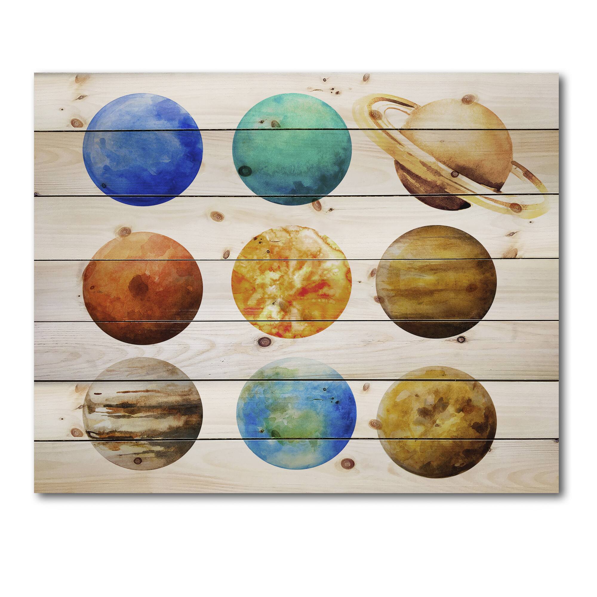Designart - Various Planets In Orbit - Modern Print on Natural Pine Wood