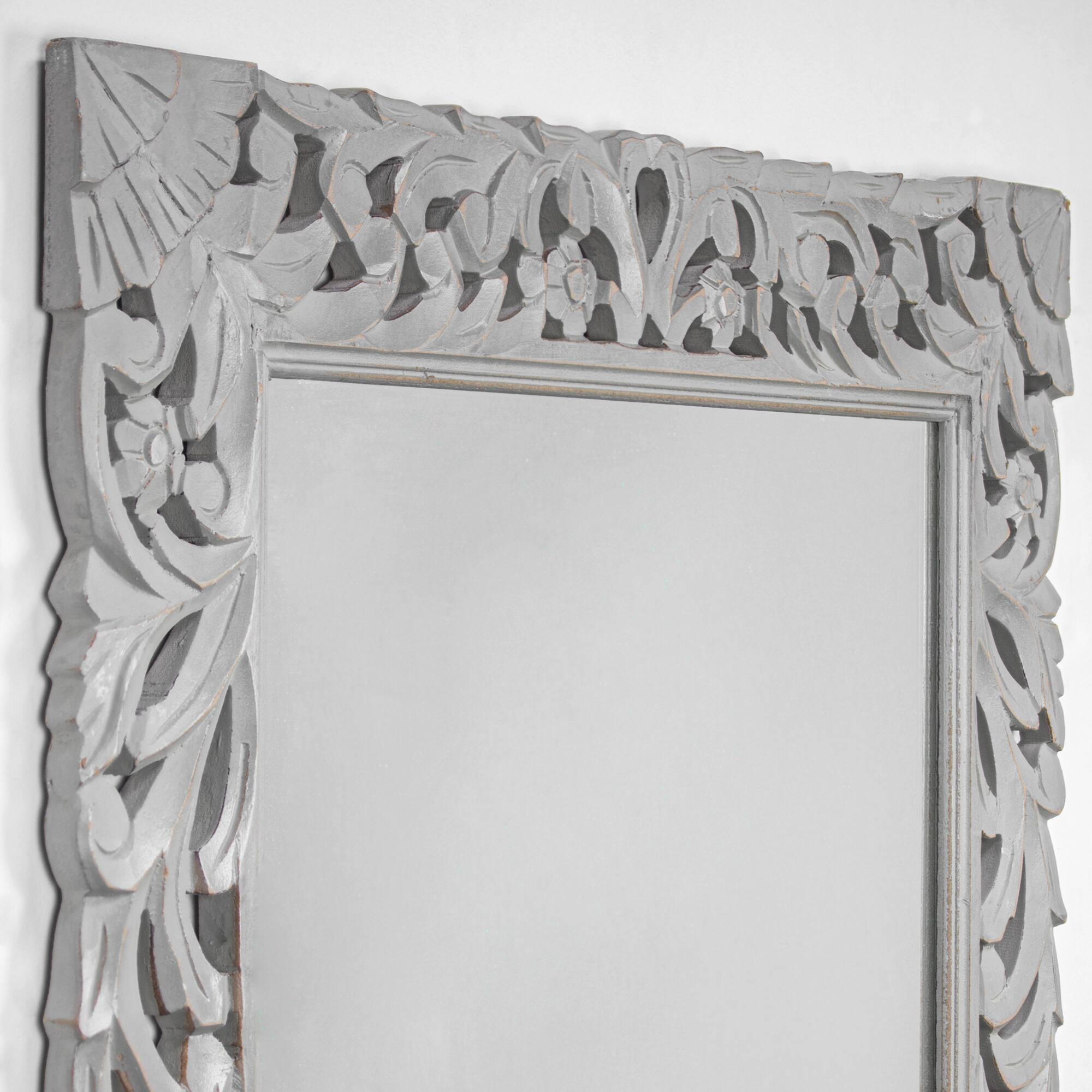 American Art D&#xE9;cor&#x2122; 31.5&#x22; Gray Hand-Carved Wood Medallion Accent Wall Mirror