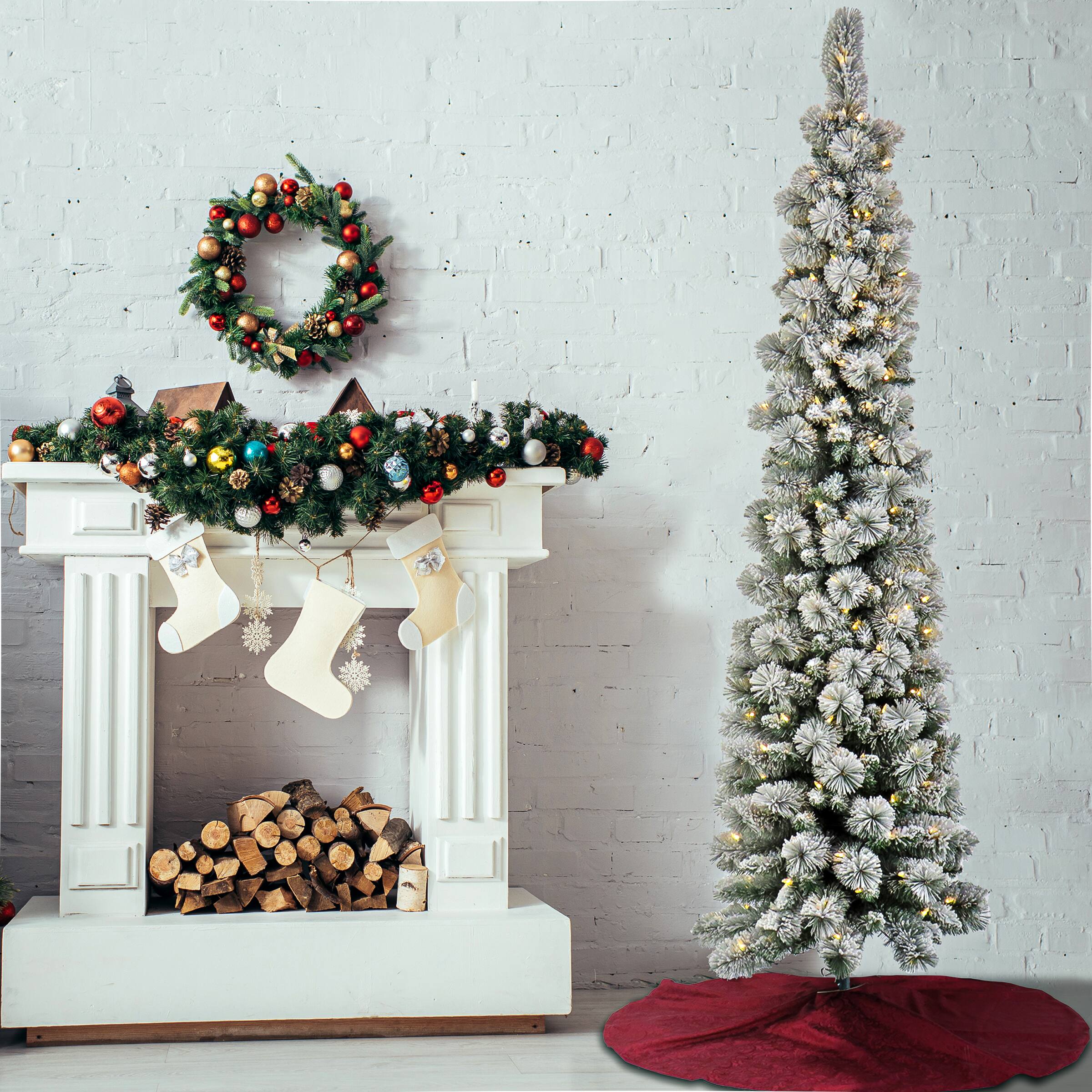 7ft. Pre-Lit Flocked Pencil Methow Artificial Christmas Tree, Clear LED Lights