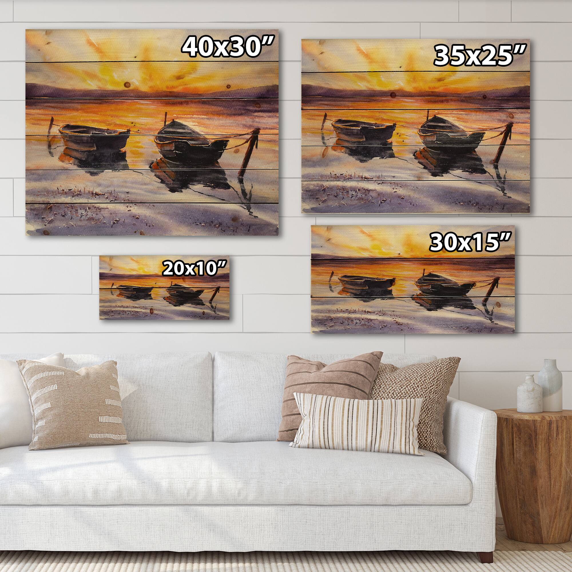 Designart - Sunset and Two Small Boats Parking On The Shore - Lake House Print on Natural Pine Wood