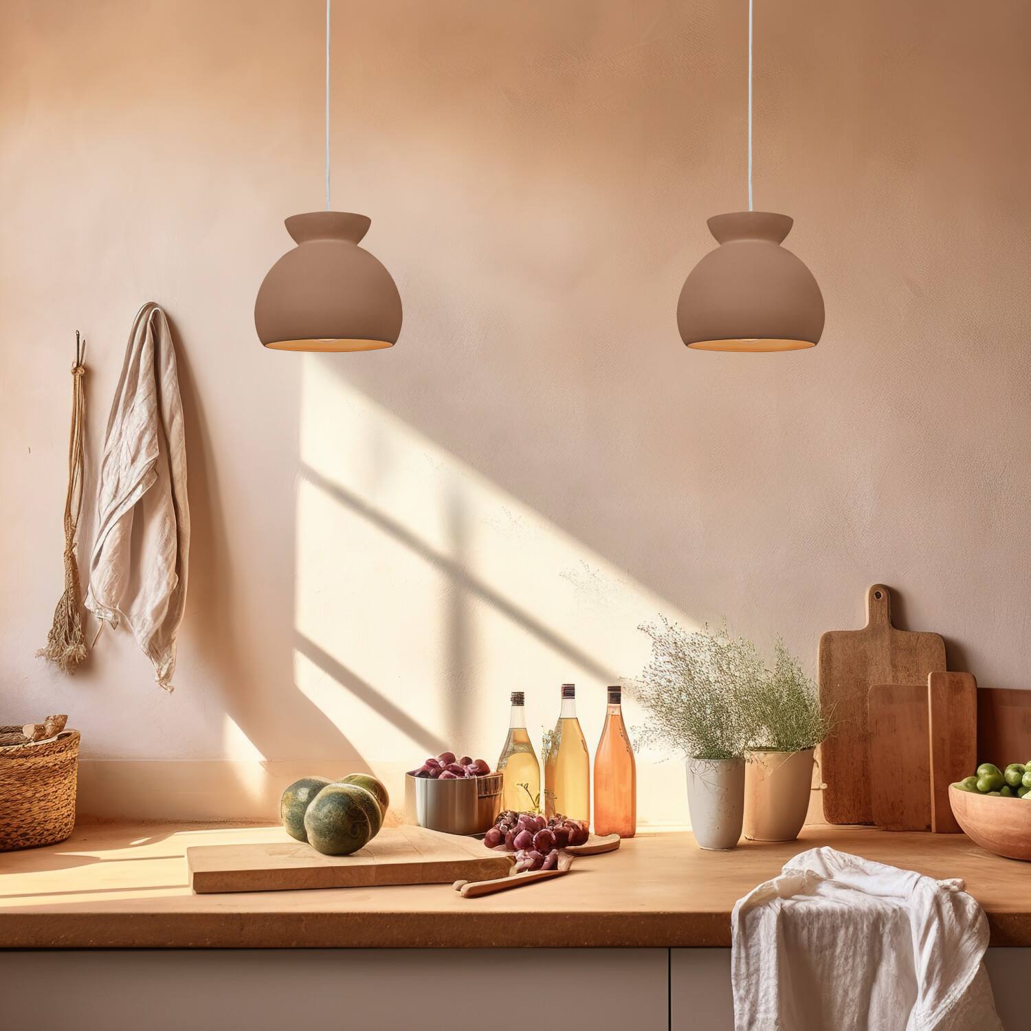 Hello Honey&#xAE; Sienna Matte Terra Cotta Boho Ceramic Ceiling Light with White Fabric Cord