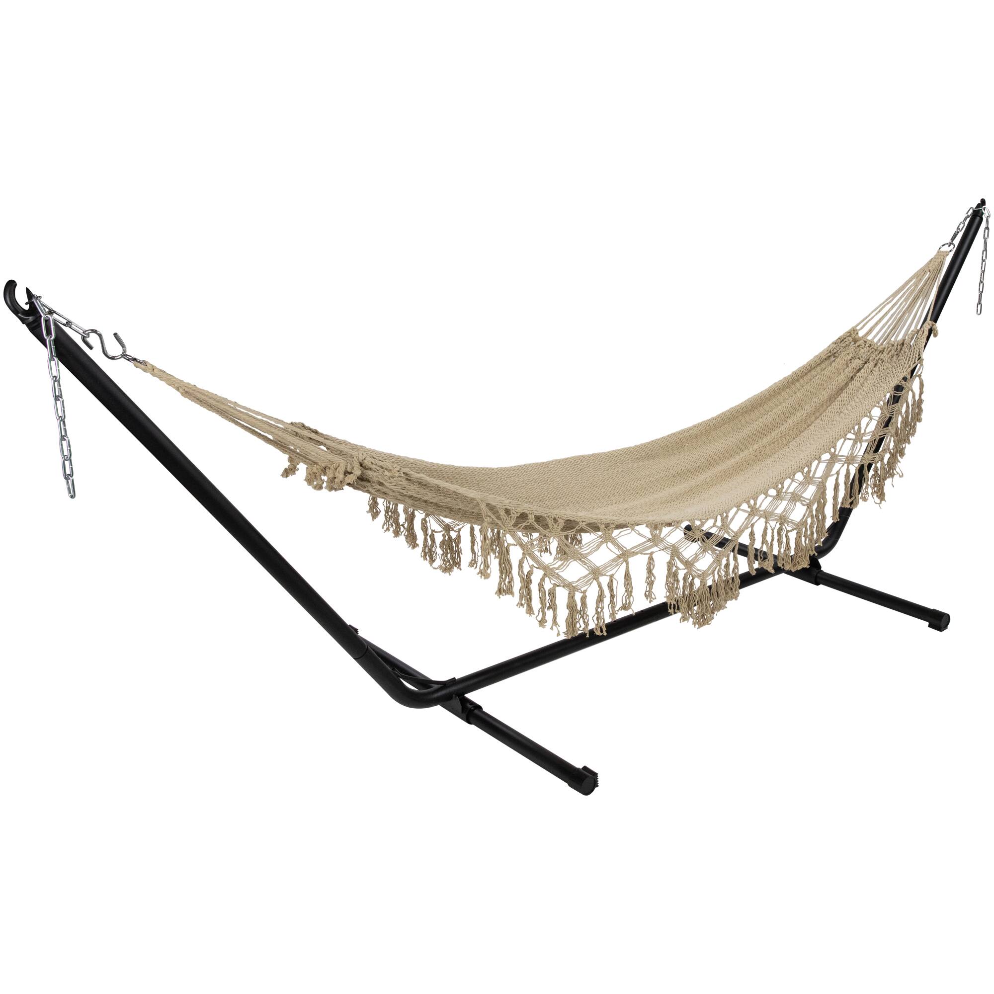 78" x 31" Natural Brown Macramé Hammock with Patterned Tassels