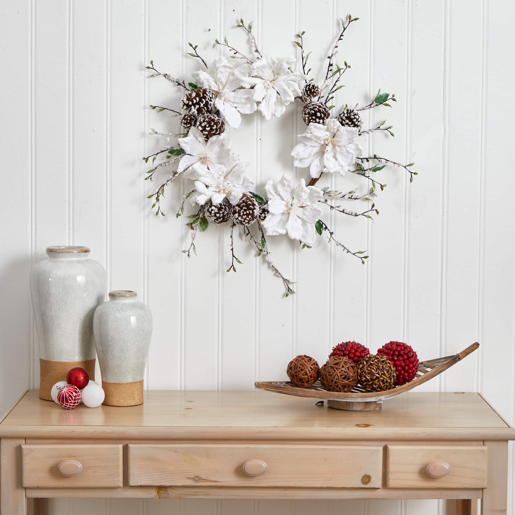 24&#x22; Snowed Magnolia &#x26; Pinecone Wreath