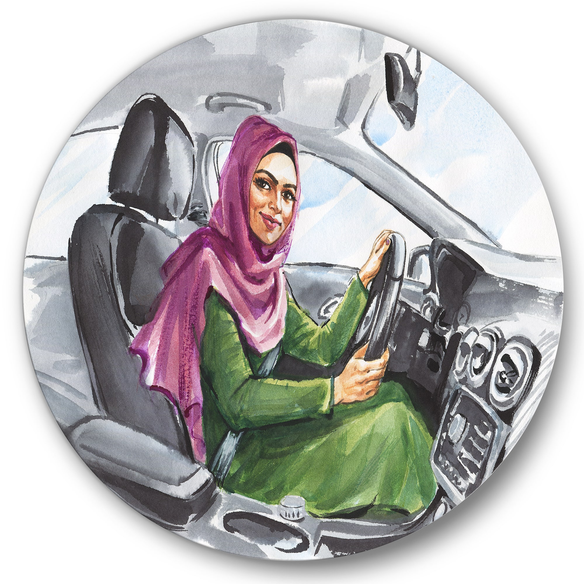Designart - Arabian Woman Driving A Car II - Modern Metal Circle Wall Art