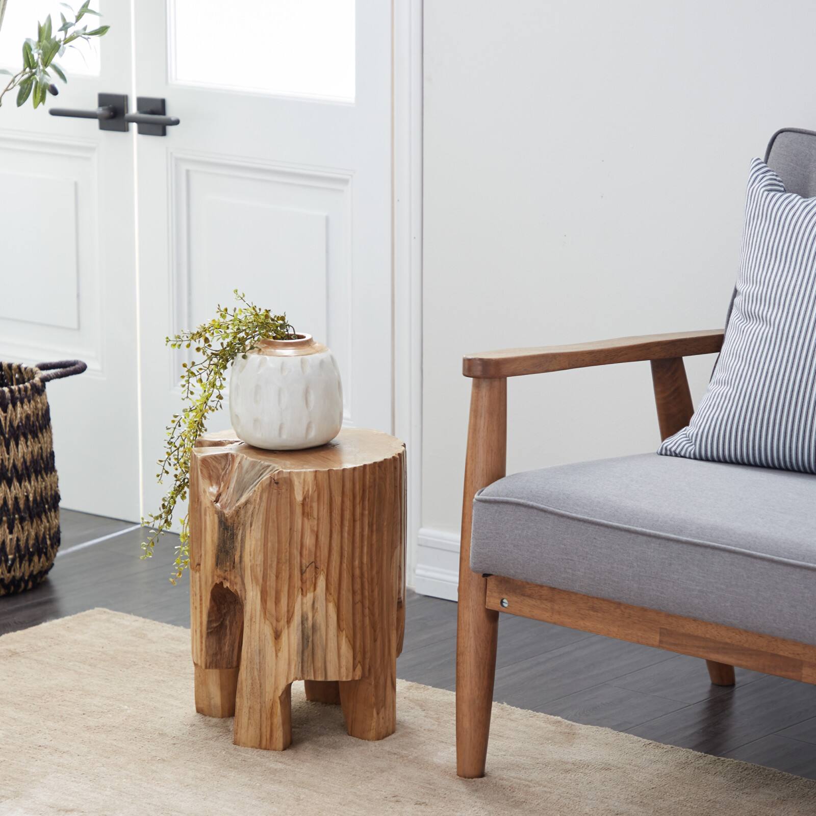 12&#x22; Brown Teak Wood Contemporary Stool