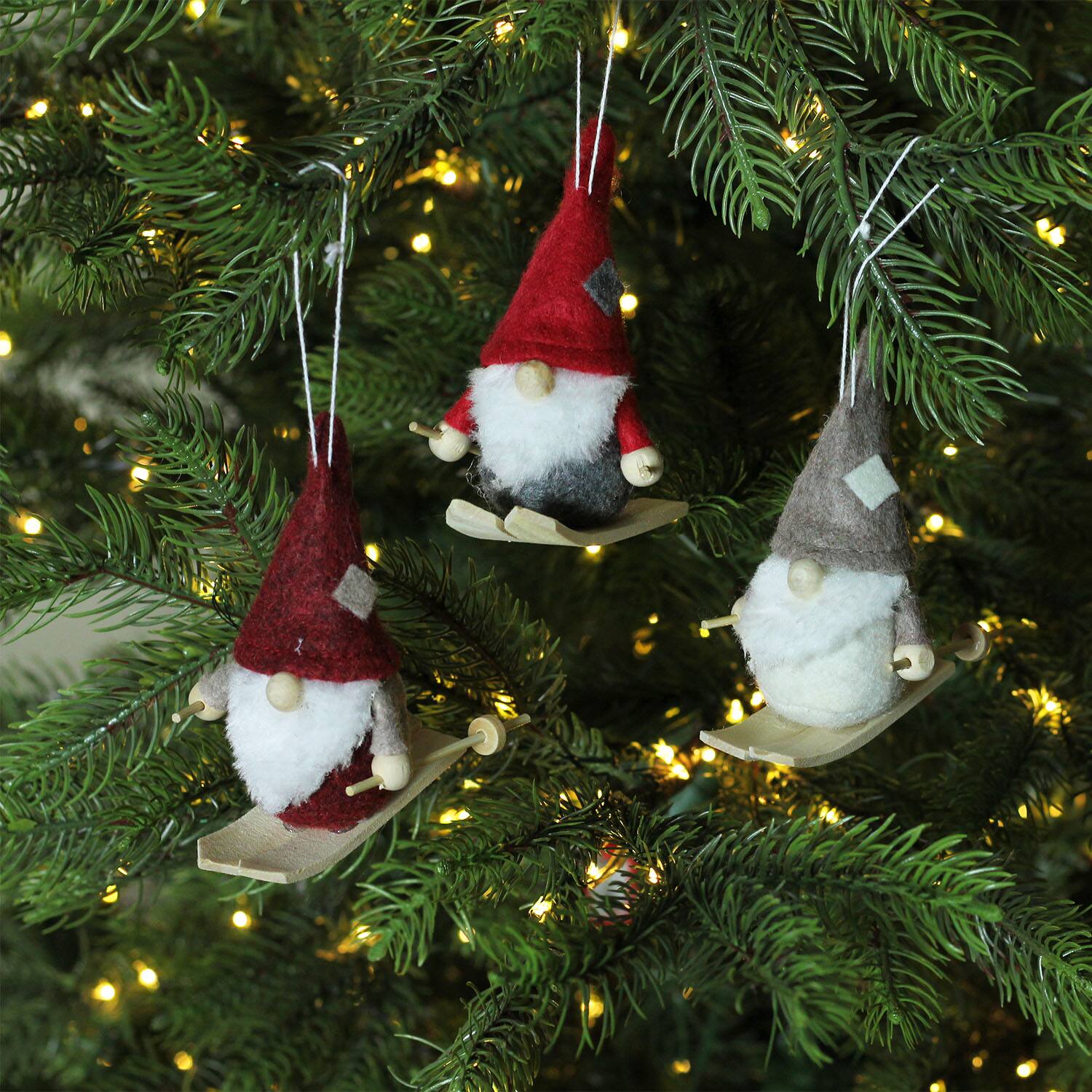 4" Red & Gray Skiing Gnome Christmas Ornament Set