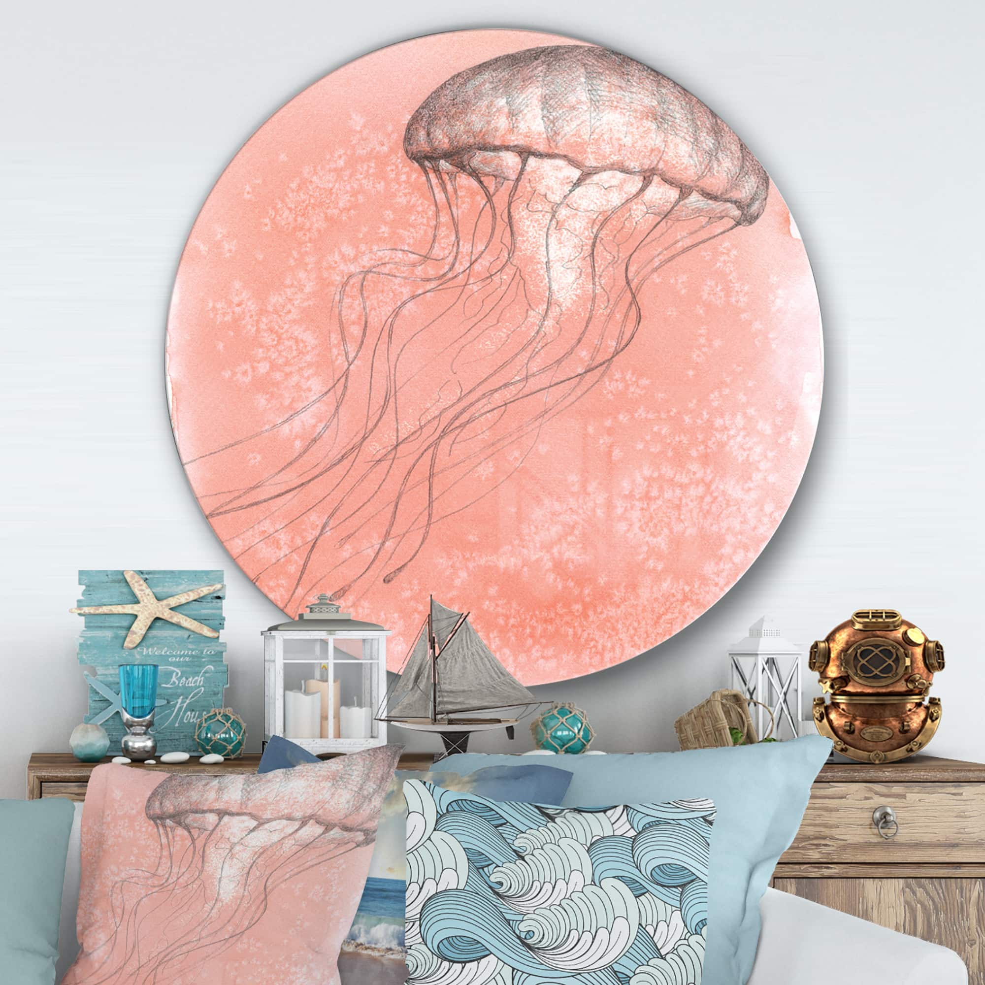 Designart - Coastal Sea Life IV jellyfish sketches - Nautical & Coastal Metal Circle Wall Art