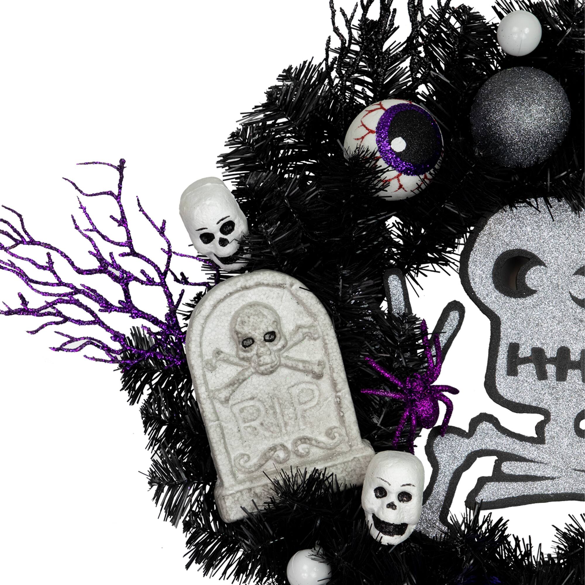 24&#x27;&#x27; Unlit Purple and Black Spooky Skeleton Pine Halloween Wreath