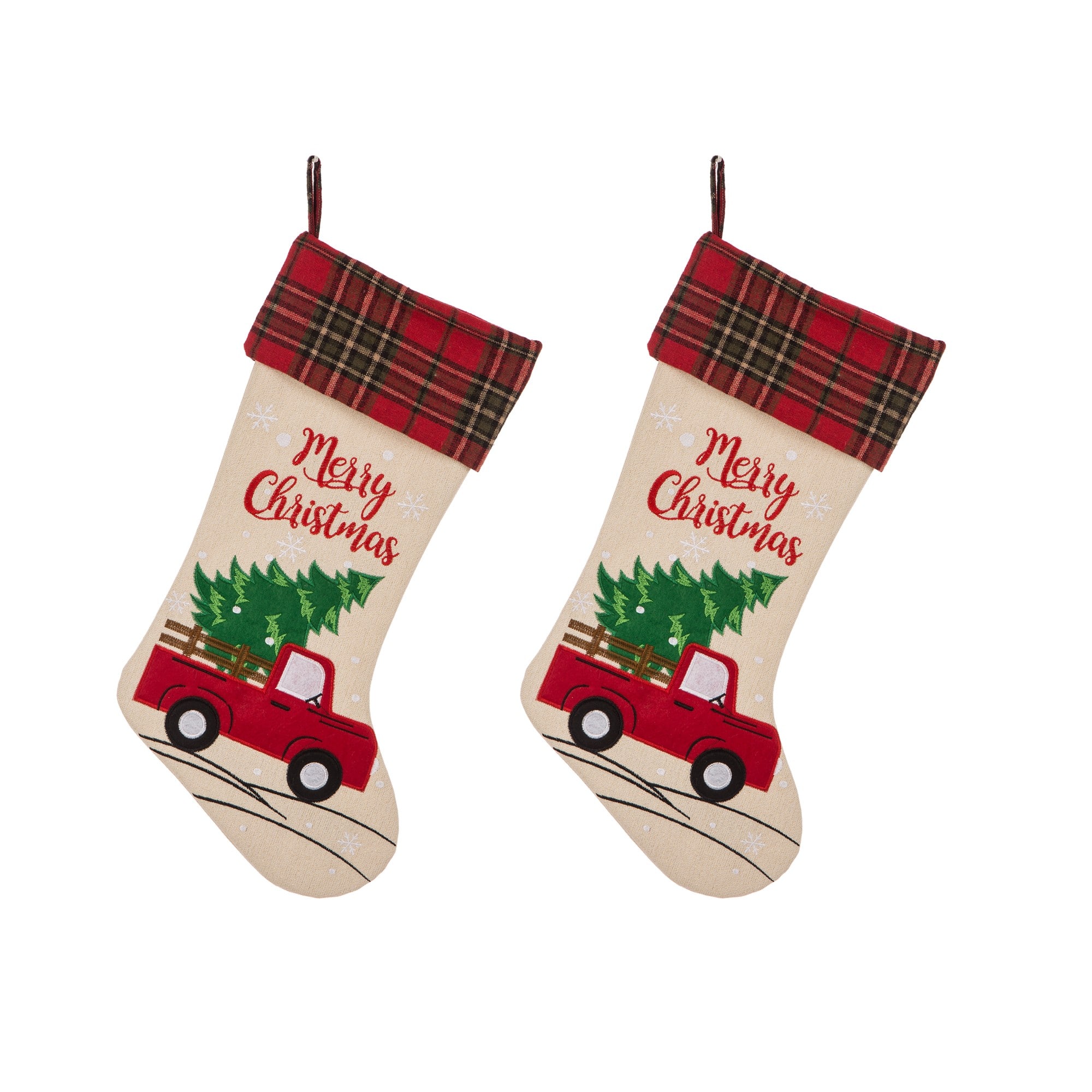 Glitzhome® 21" Red Truck Embroidered Linen Stocking, Set Of 2