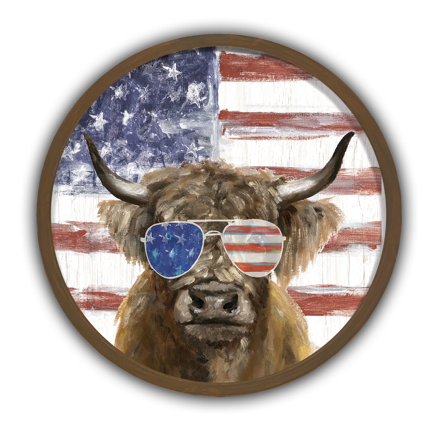 Patriotic Hairy Highland Round Brown Framed Print