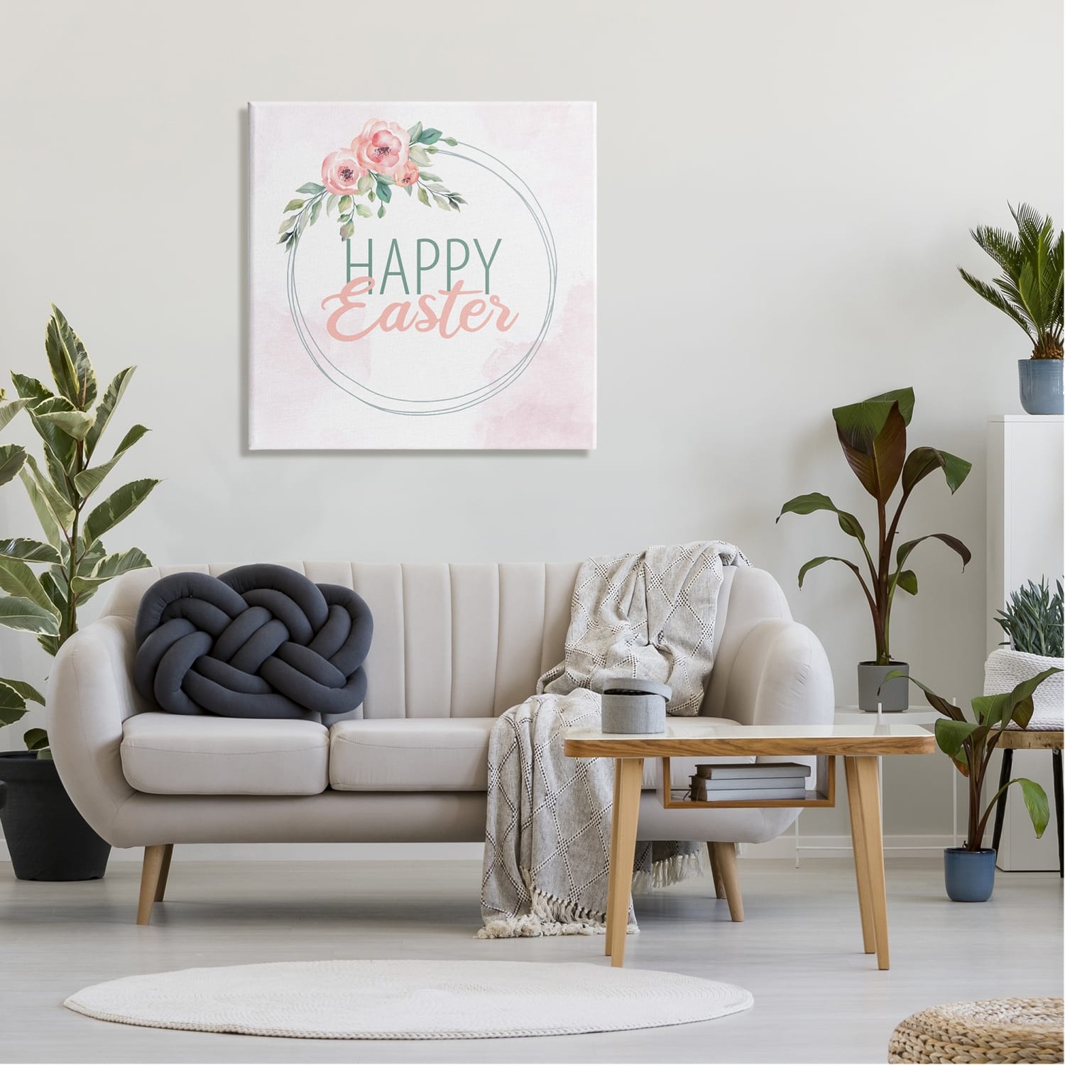 Stupell Industries Happy Easter Round Floral Border Pastel Pink Design Canvas Wall Art