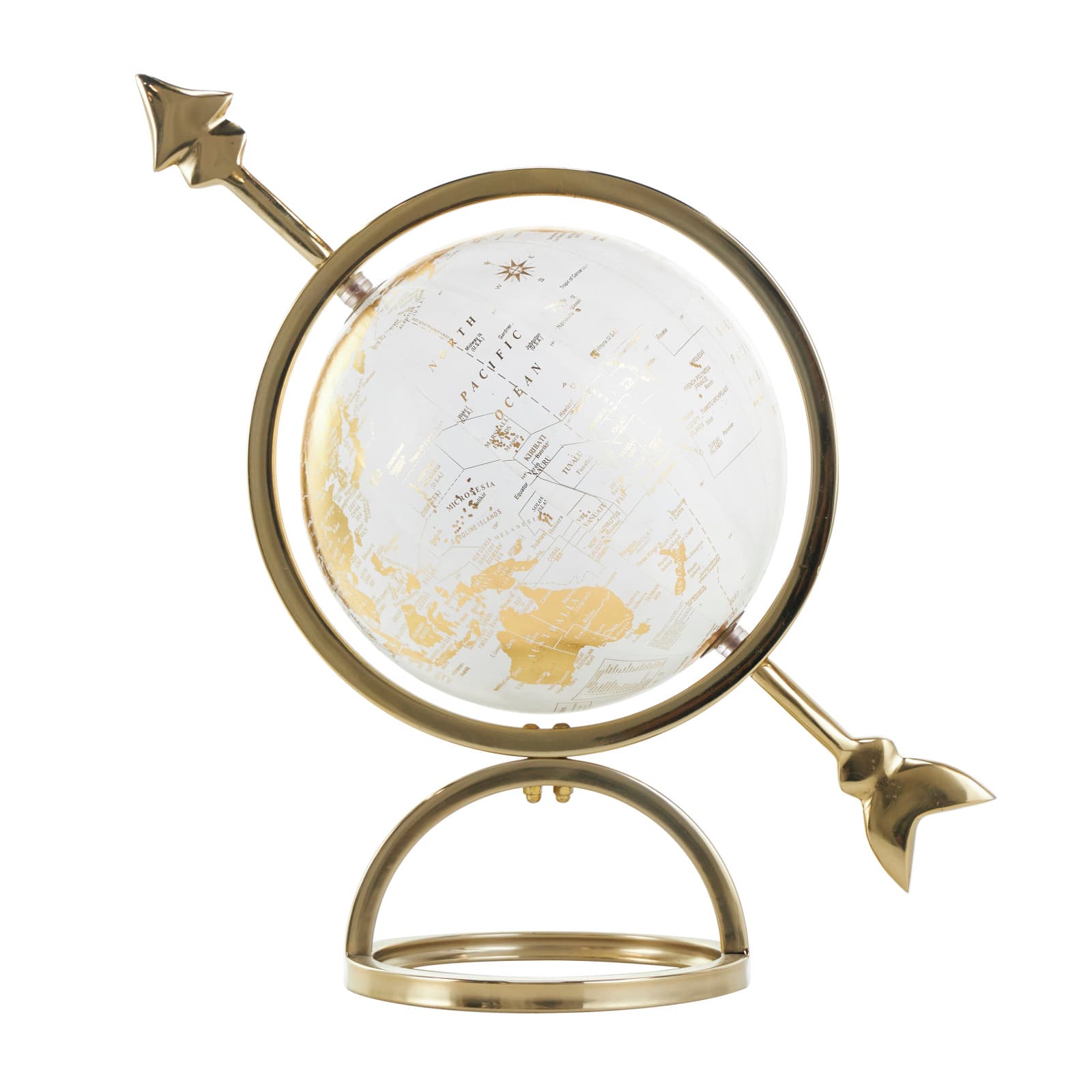 White & Gold Aluminum Tabletop Globe in Arrow Stand