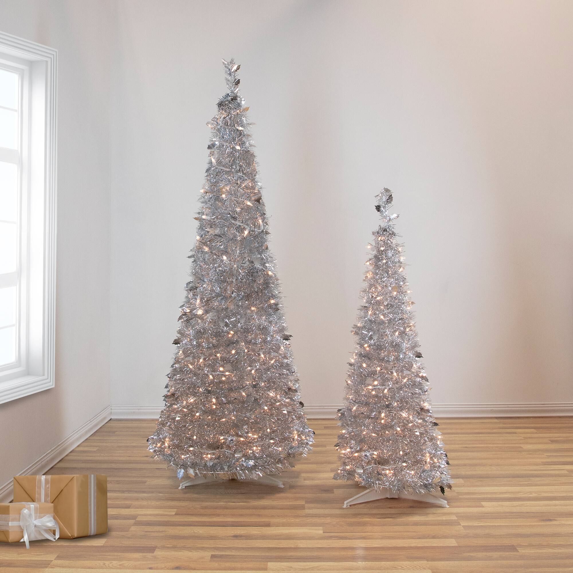 6ft. Pre-Lit Silver Tinsel Pop-Up Artificial Christmas Tree, Clear Lights