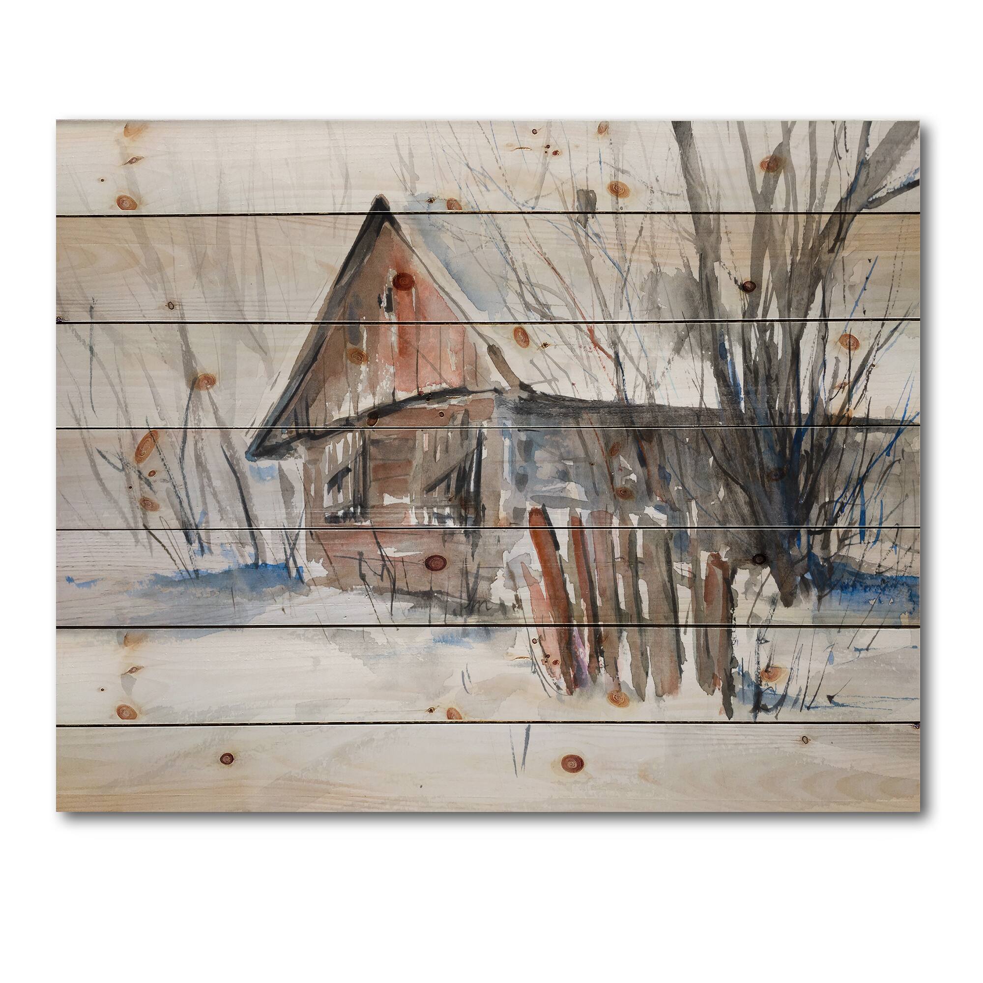 Designart - Old Abandoned Wooden House In Winter Picture - Traditional Print on Natural Pine Wood
