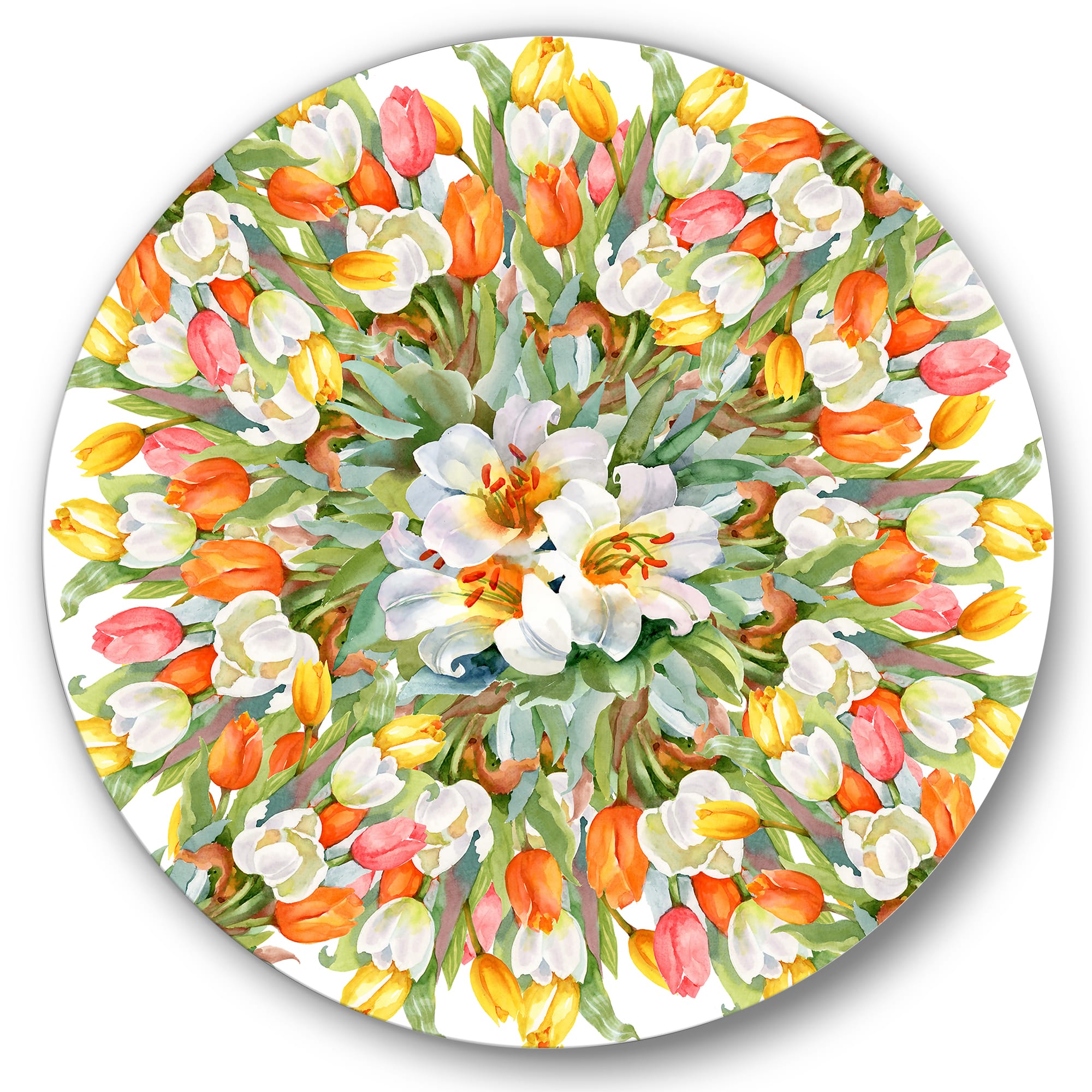 Designart - Blooming White and Orange Tulips II - Traditional Metal Circle Wall Art