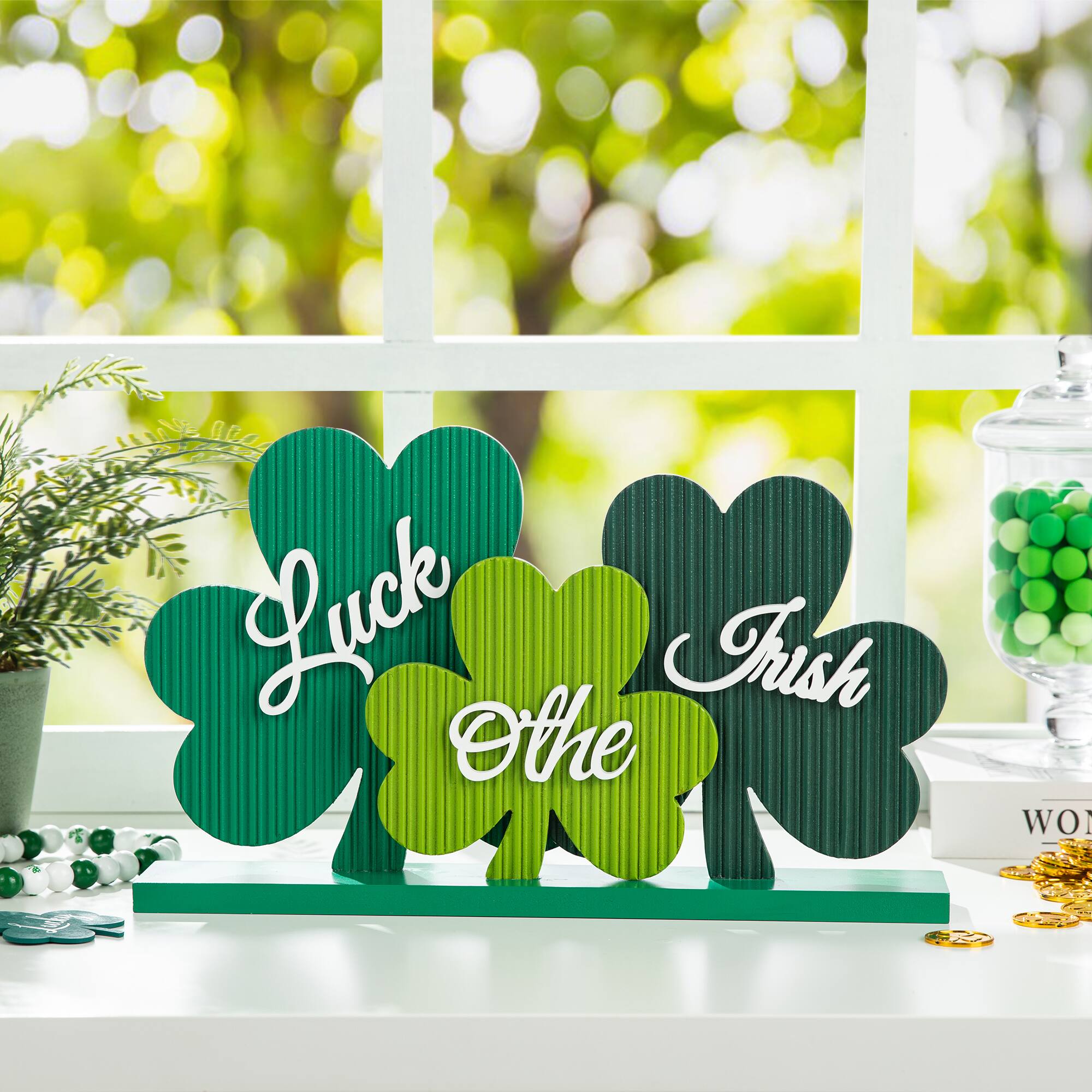 Glitzhome® 16" St. Patrick's Wooden Shamrocks Table Décor