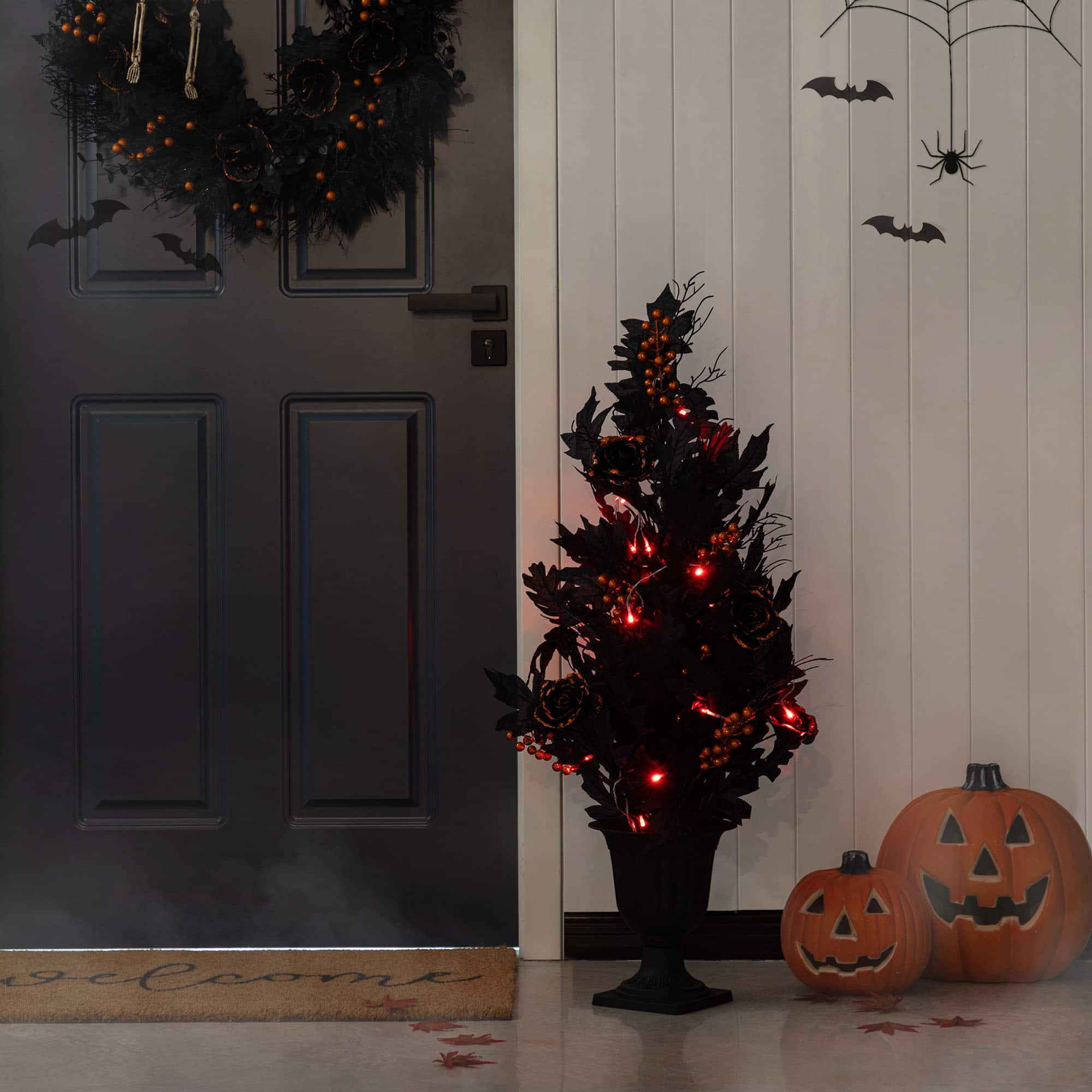 Glitzhome® 36"H Halloween Lighted Black Rose with Orange Glitter Urn Porch Tree with Timer
