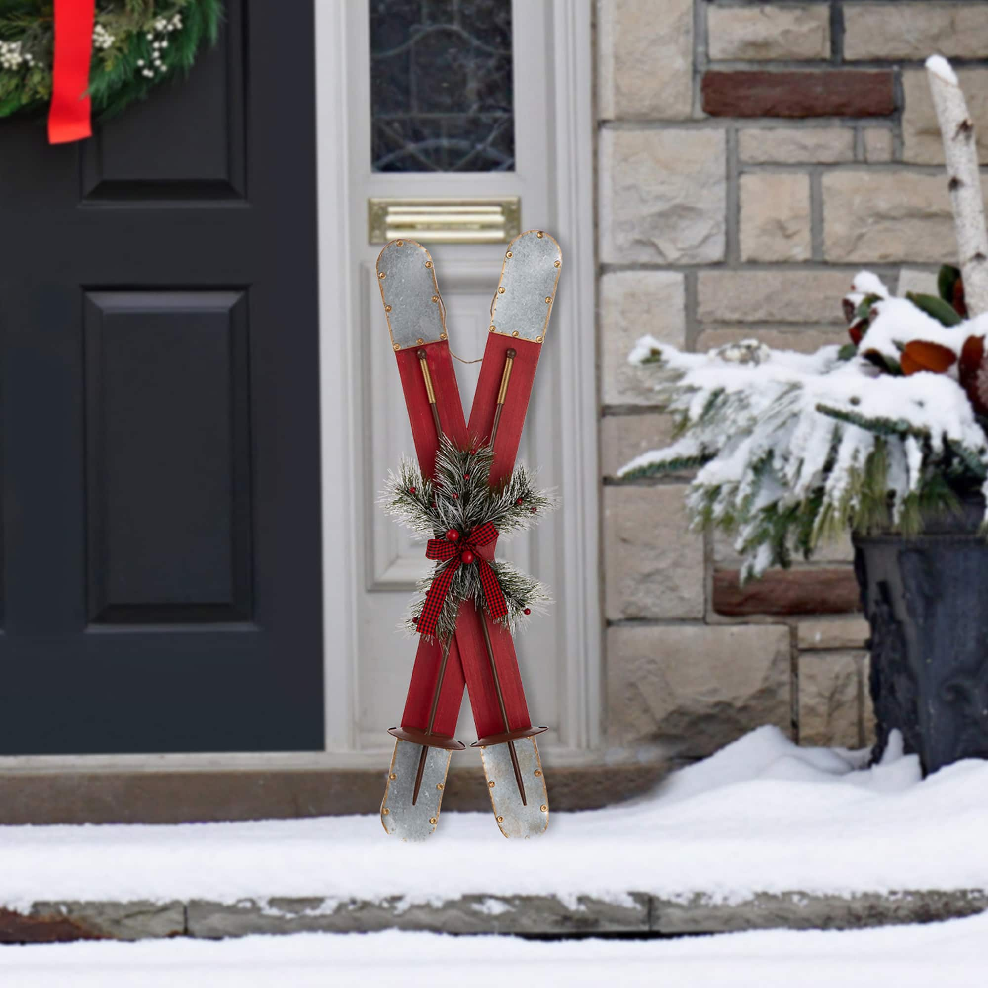 Glitzhome&#xAE; 35&#x22; Red Wooden &#x26; Galvanized Ski Porch D&#xE9;cor