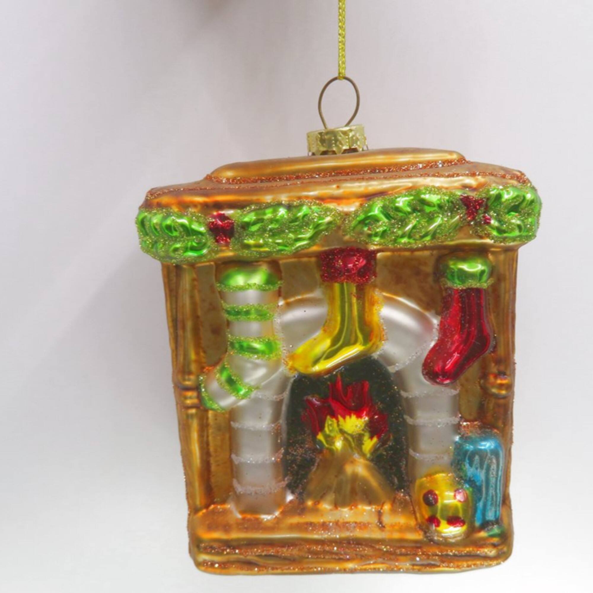 4" Bronze Glittered Fireplace Glass Christmas Hanging Ornament