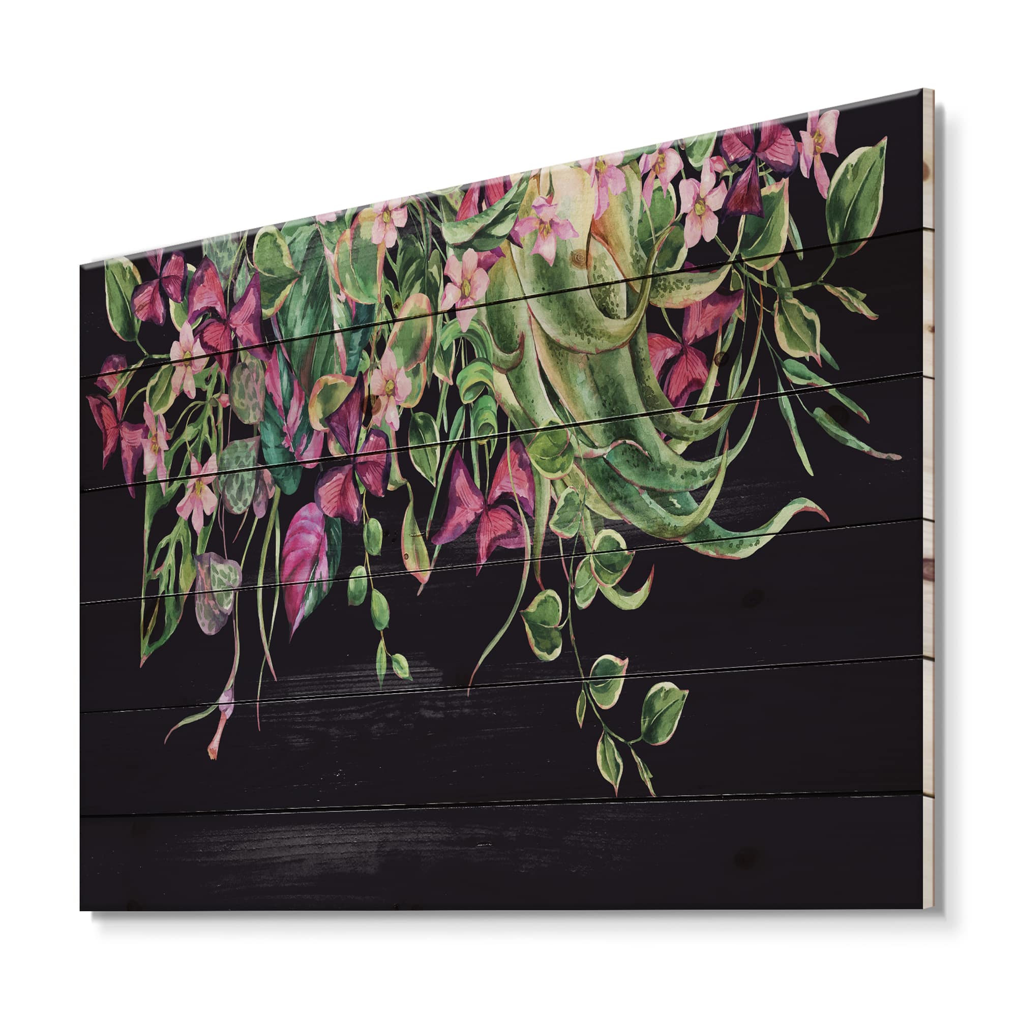 Designart - Floral Tropical Leaves Om Black - Farmhouse Print on Natural Pine Wood